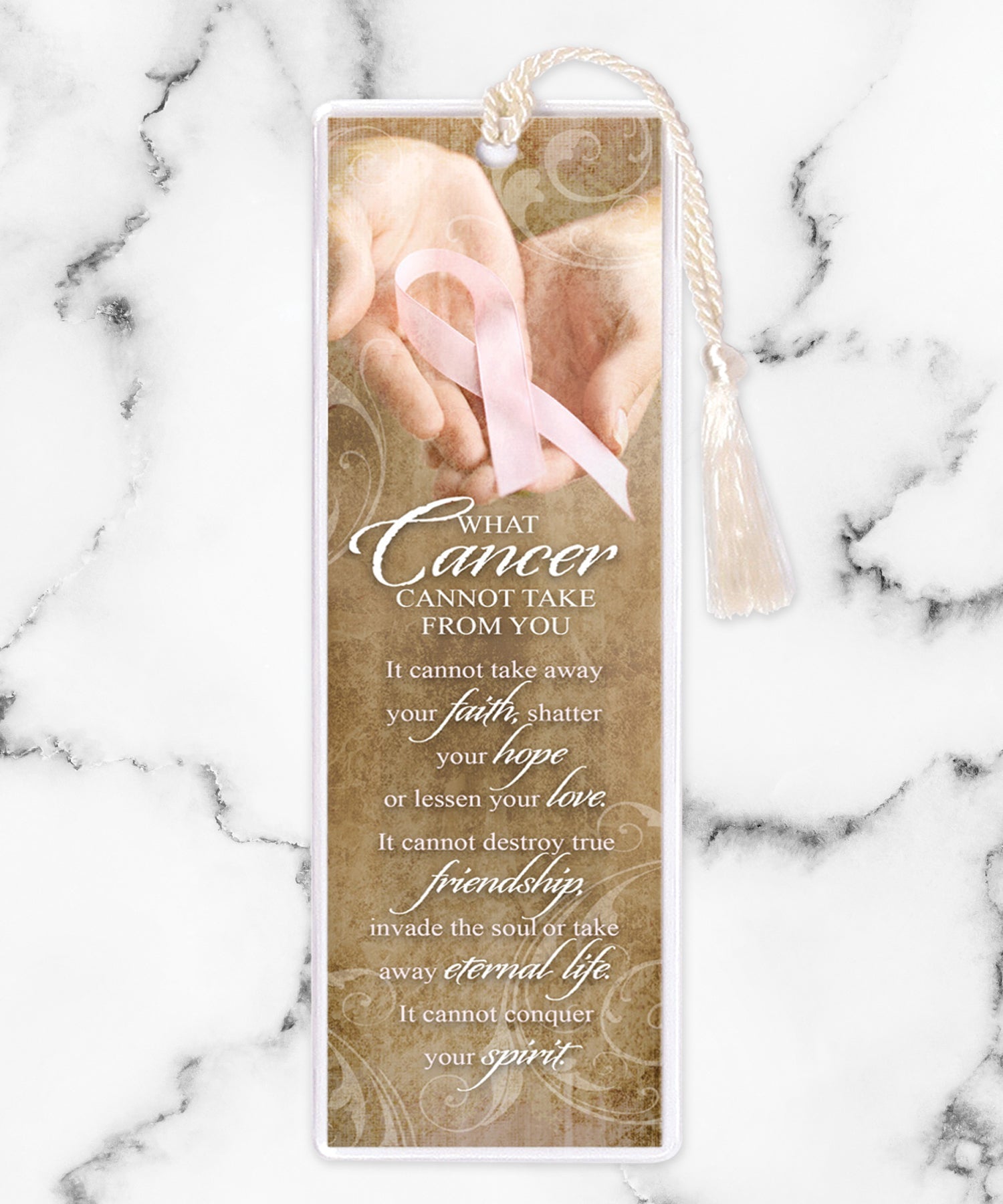 An elegant double-sided bookmark, Cancer Ribbon, is protected by a clear vinyl sleeve and finished with a tassel.