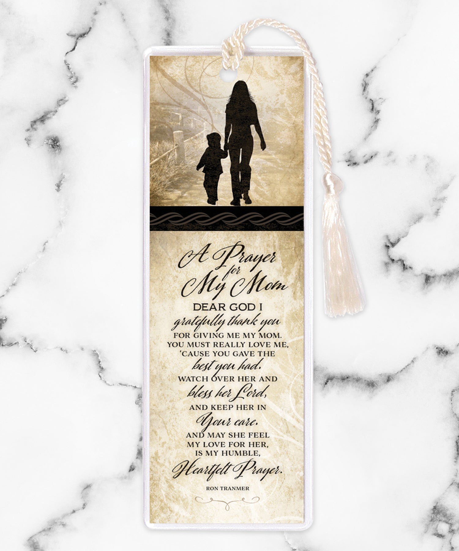An elegant double-sided bookmark, Prayer For My Mom, is protected by a clear vinyl sleeve and finished with a tassel.