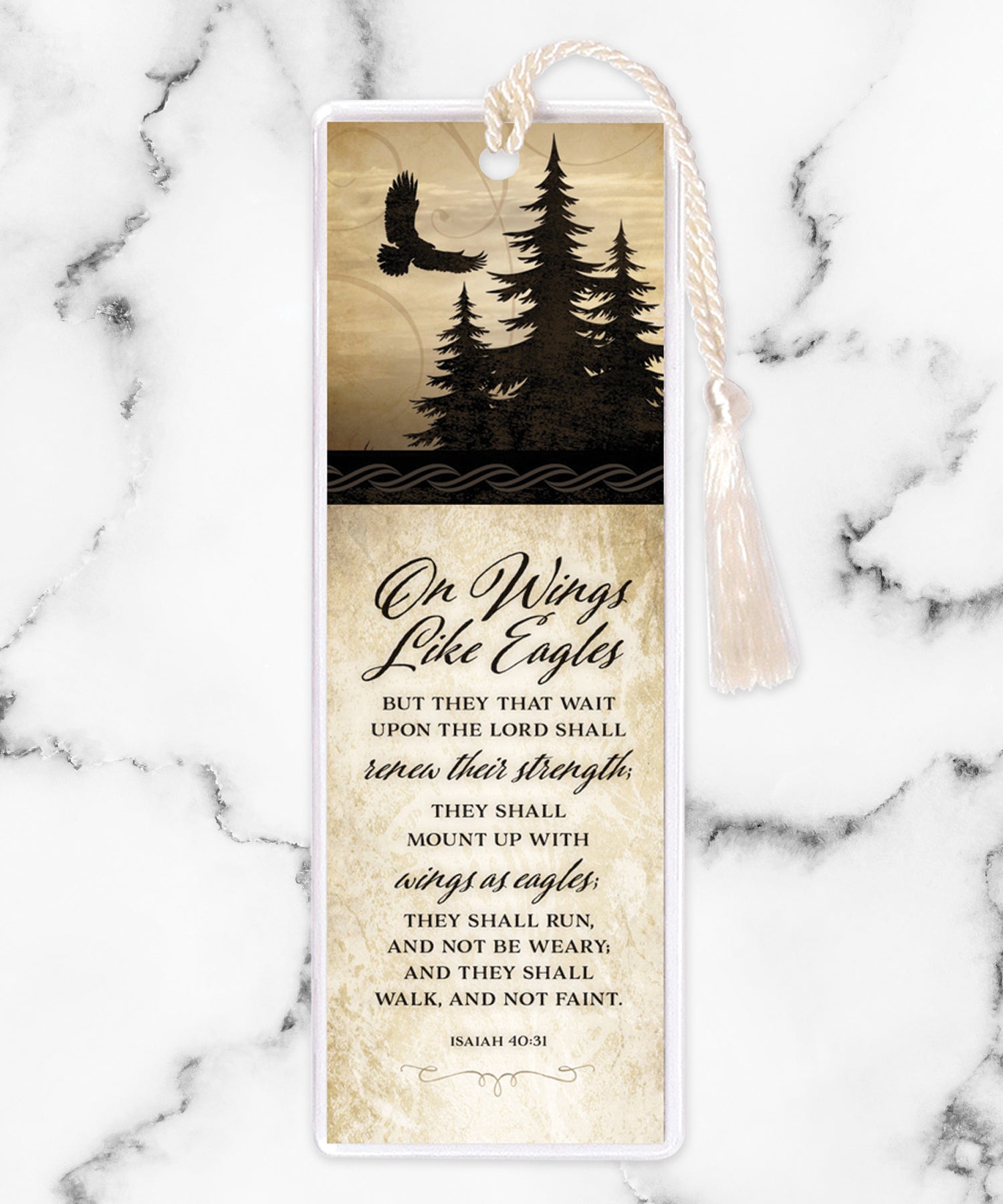 An elegant double-sided bookmark, On Wings Like Eagles, is protected by a clear vinyl sleeve and finished with a tassel.