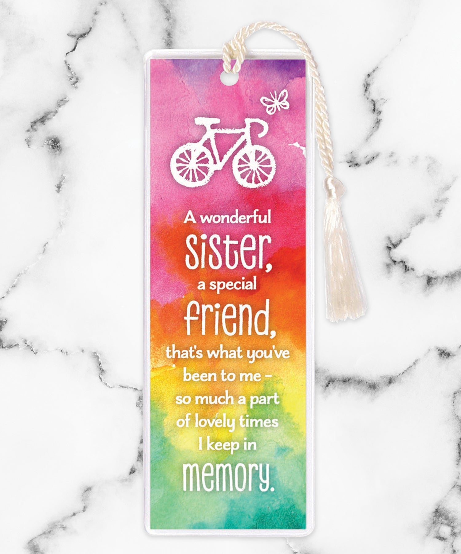 An elegant double-sided bookmark, A Wonderful Sister, is protected by a clear vinyl sleeve and finished with a tassel.