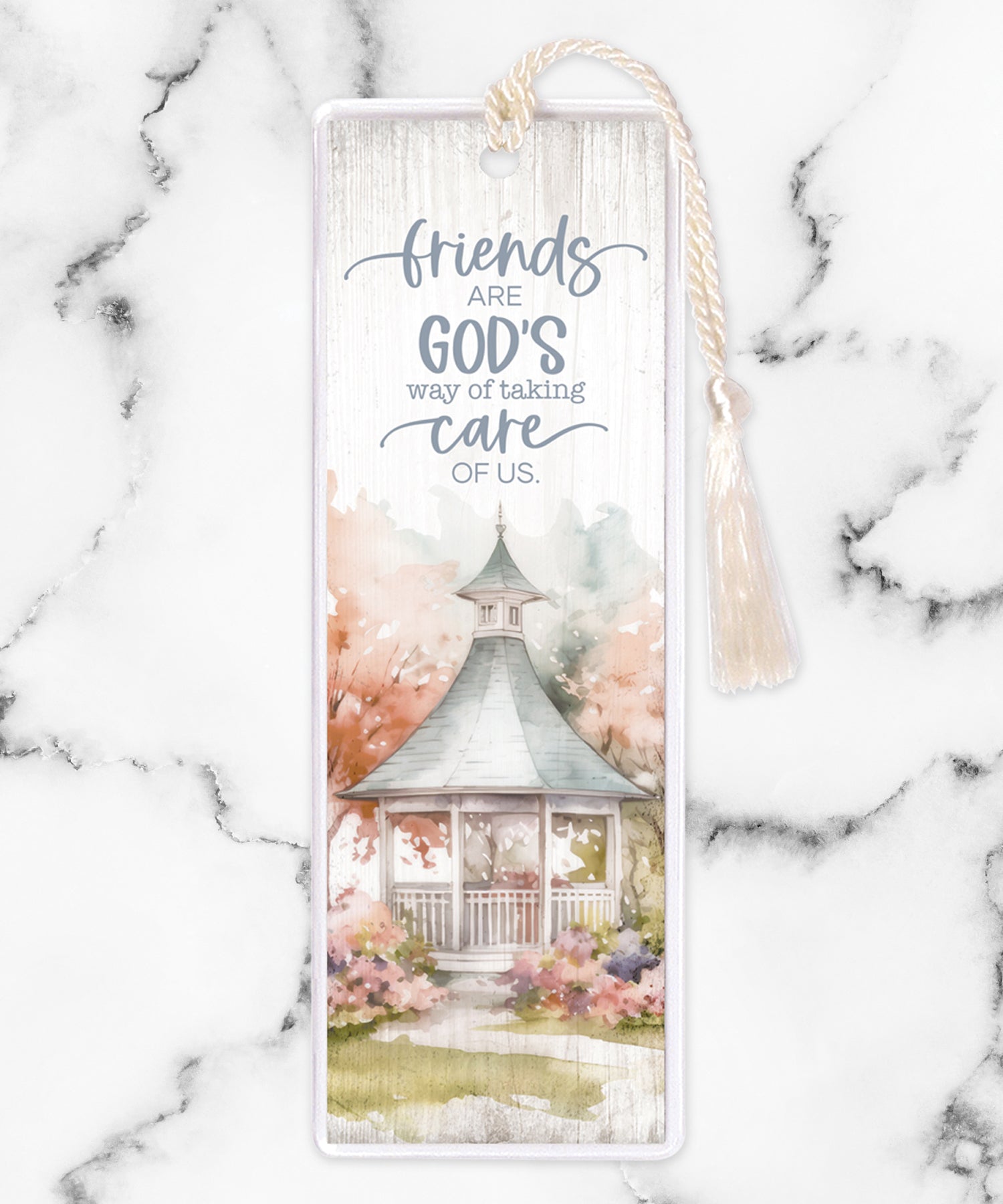 An elegant double-sided bookmark, Friends Are God's Way, is protected by a clear vinyl sleeve and finished with a tassel.