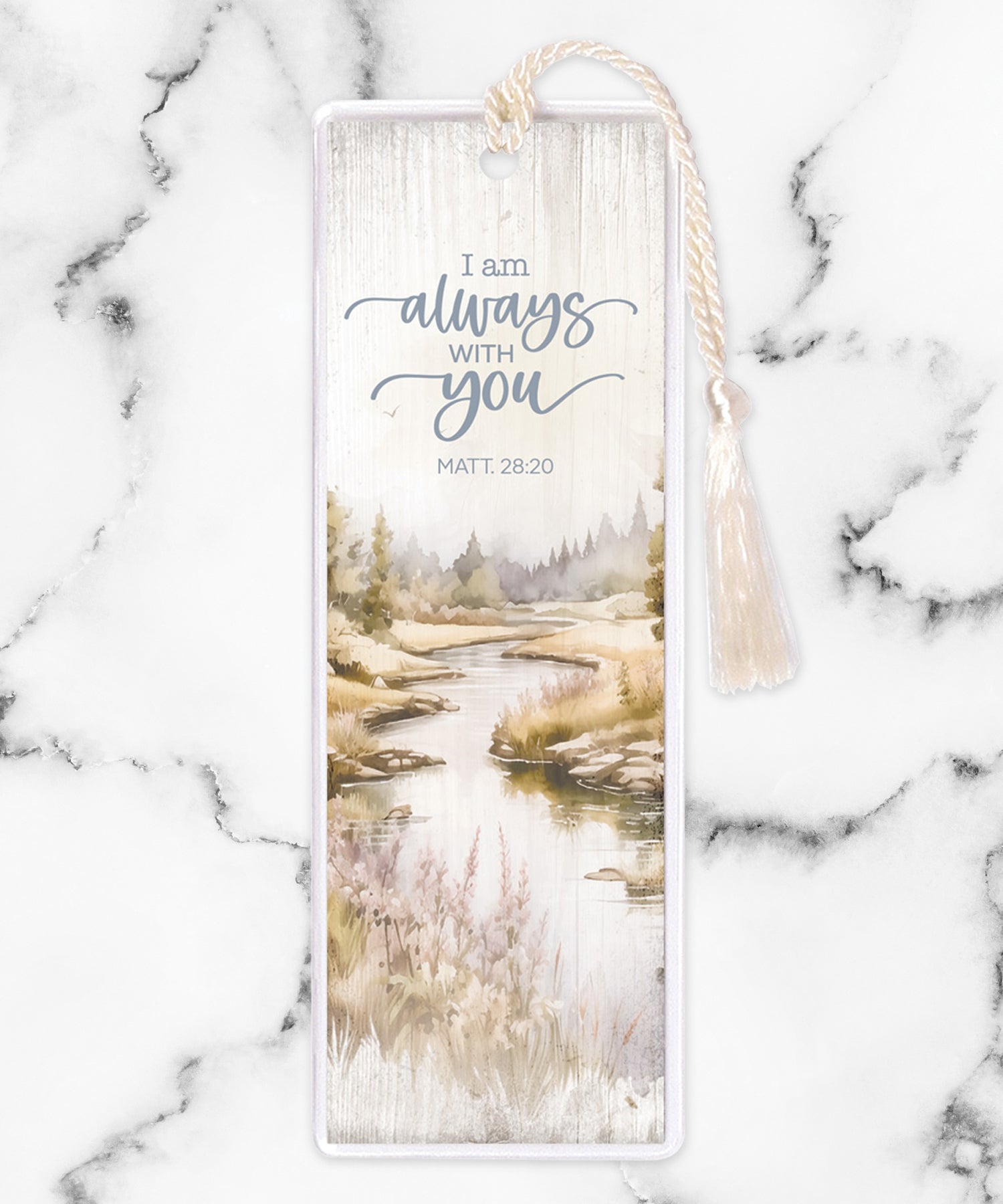 An elegant double-sided bookmark, I Am Always with You, is protected by a clear vinyl sleeve and finished with a tassel.