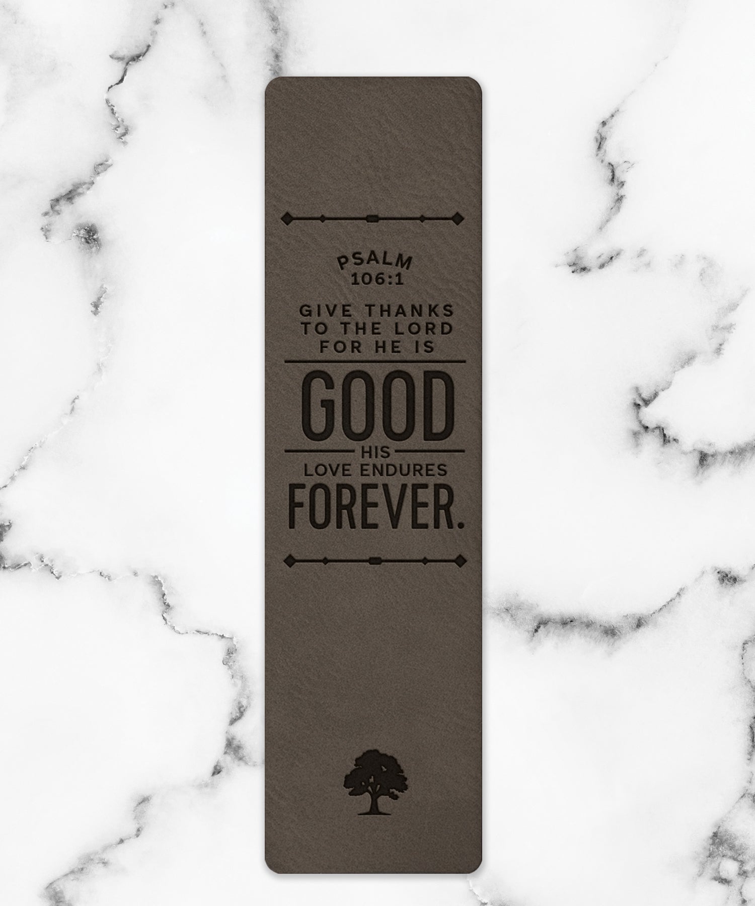 Give Thanks to the Lord Leatherette Bookmark with a masculine design and laser-engraved inspirational verse.