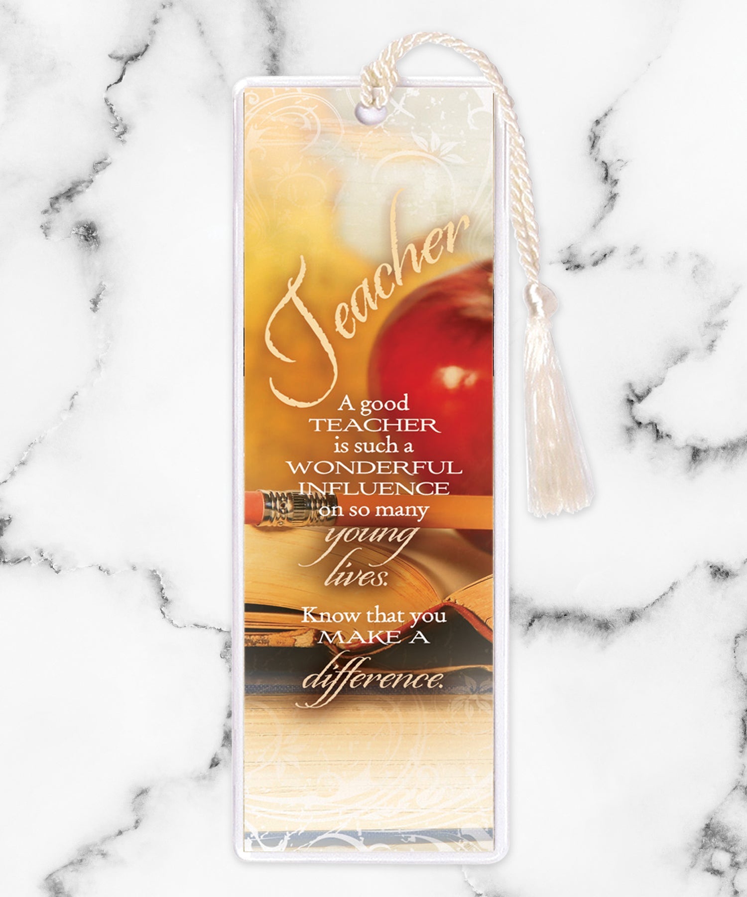 An elegant double-sided bookmark, Teacher, is protected by a clear vinyl sleeve and finished with a tassel.
