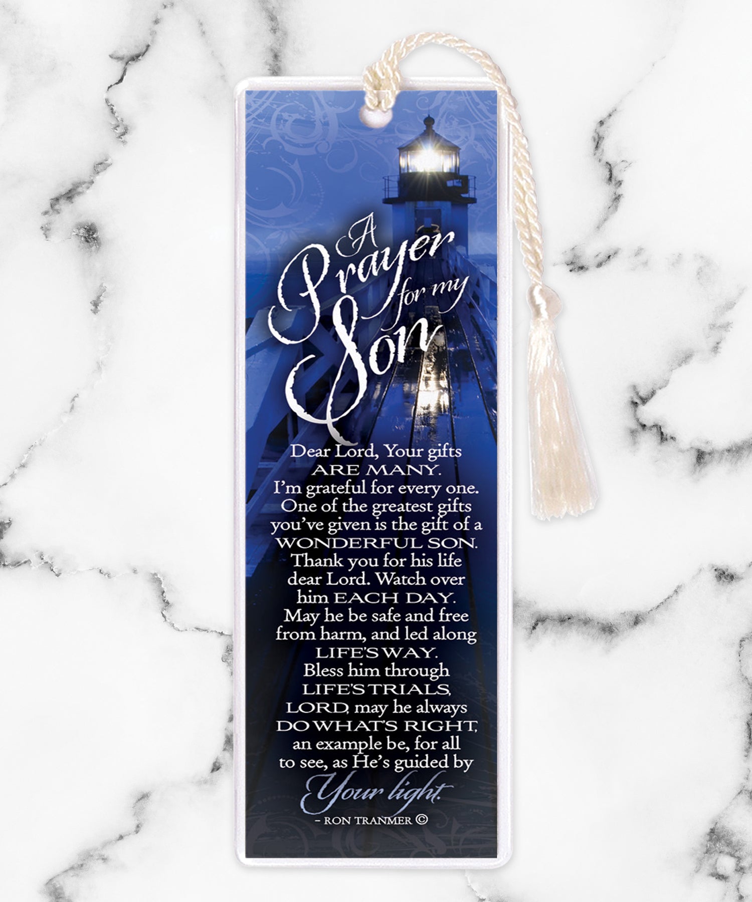 An elegant double-sided bookmark, Prayer for My Son, is protected by a clear vinyl sleeve and finished with a tassel.