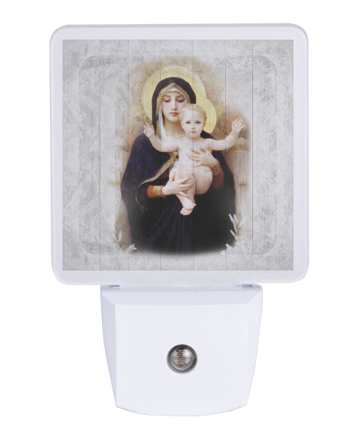 Madonna of the Lilies LED nightlight with religious artwork, auto-on LED light and standard plug