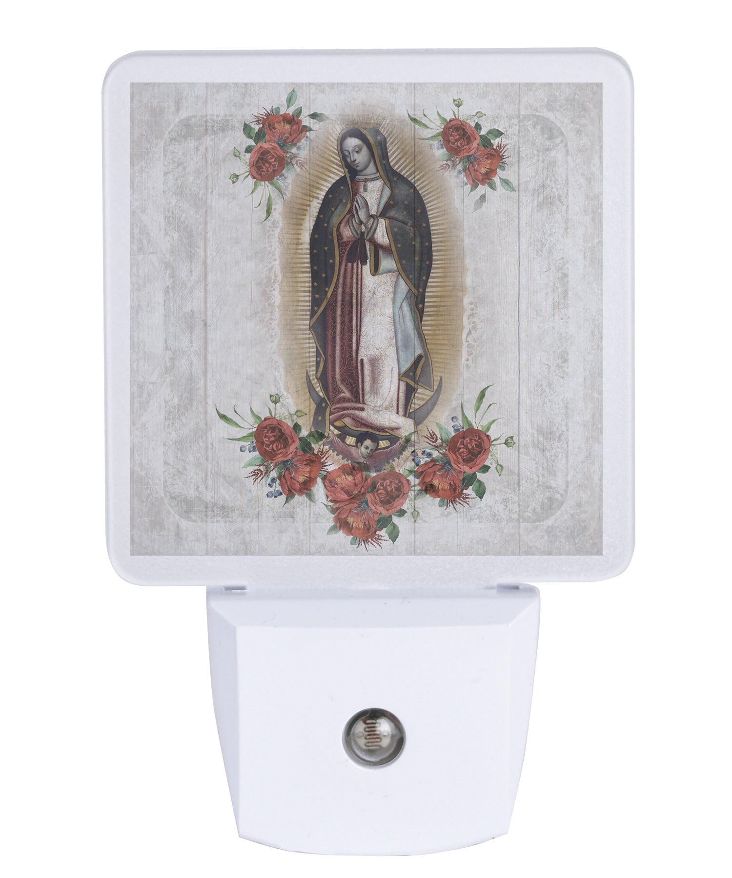 The Virgin of Guadalupe LED nightlight with religious artwork, auto-on LED light and standard plug