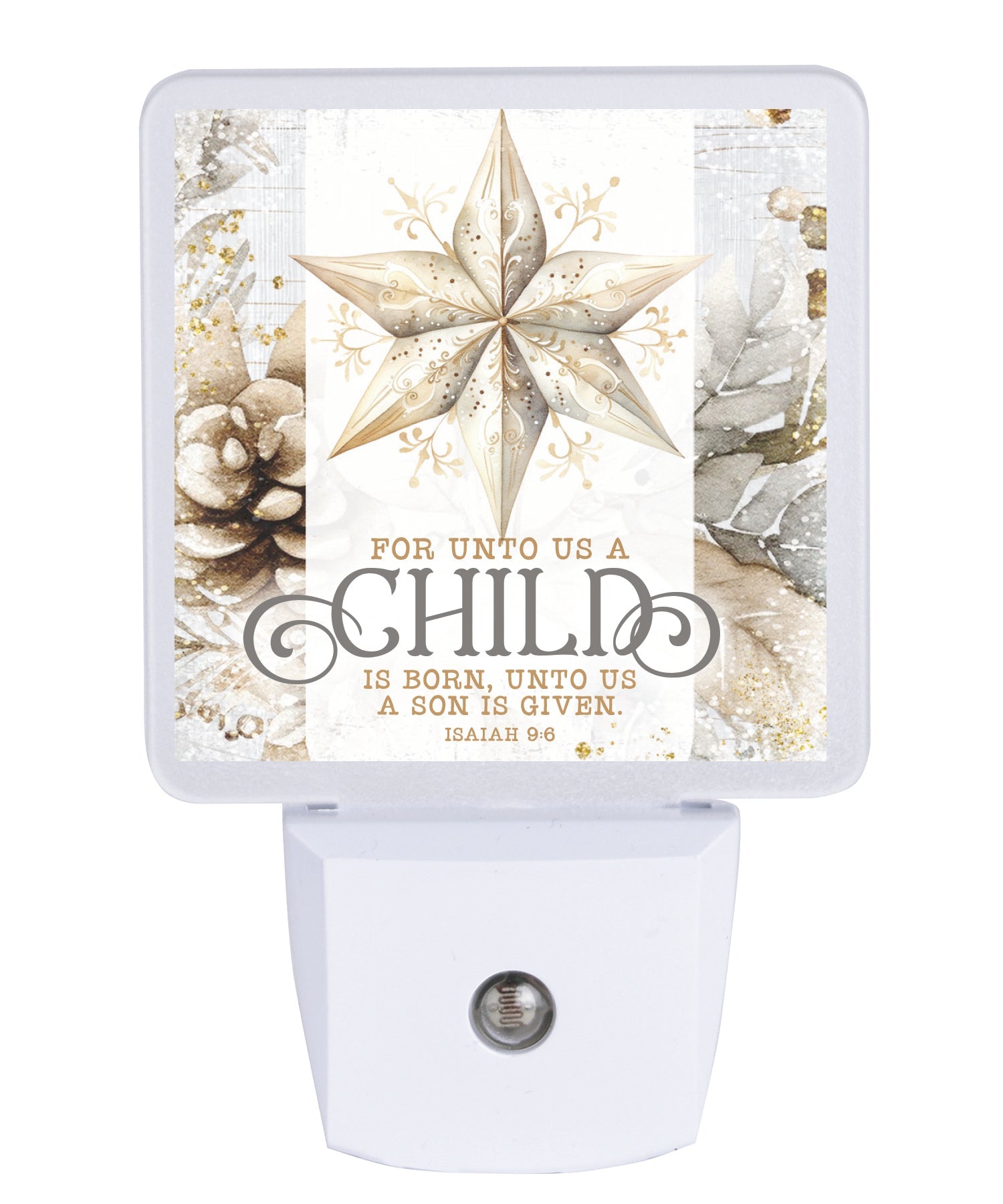 For unto us a Child LED nightlight with Christmas Bible verse, auto-on LED light and standard plug