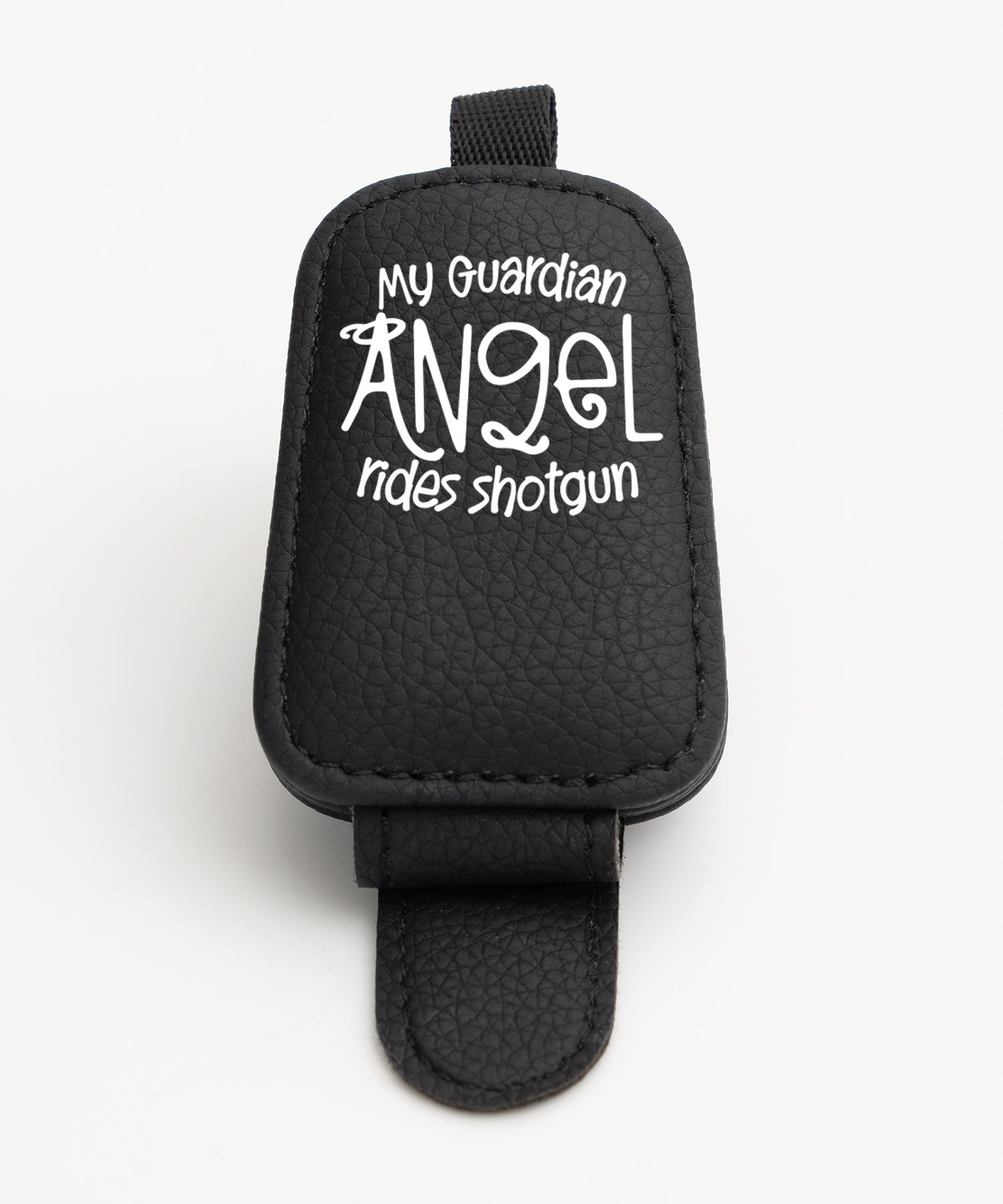 My Guardian Angel Rides Shotgun leatherette sunglasses visor clip with magnetic closure