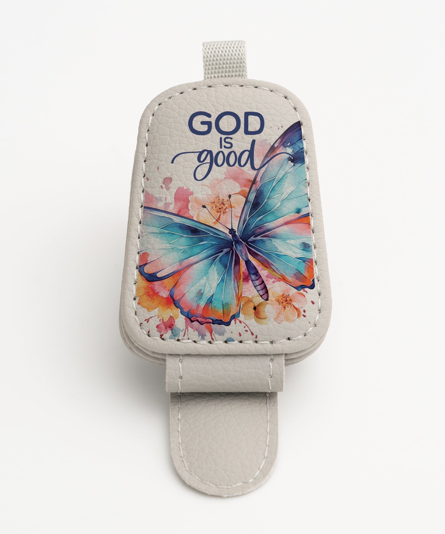 God Is Good butterfly leatherette sunglasses visor clip with magnetic closure
