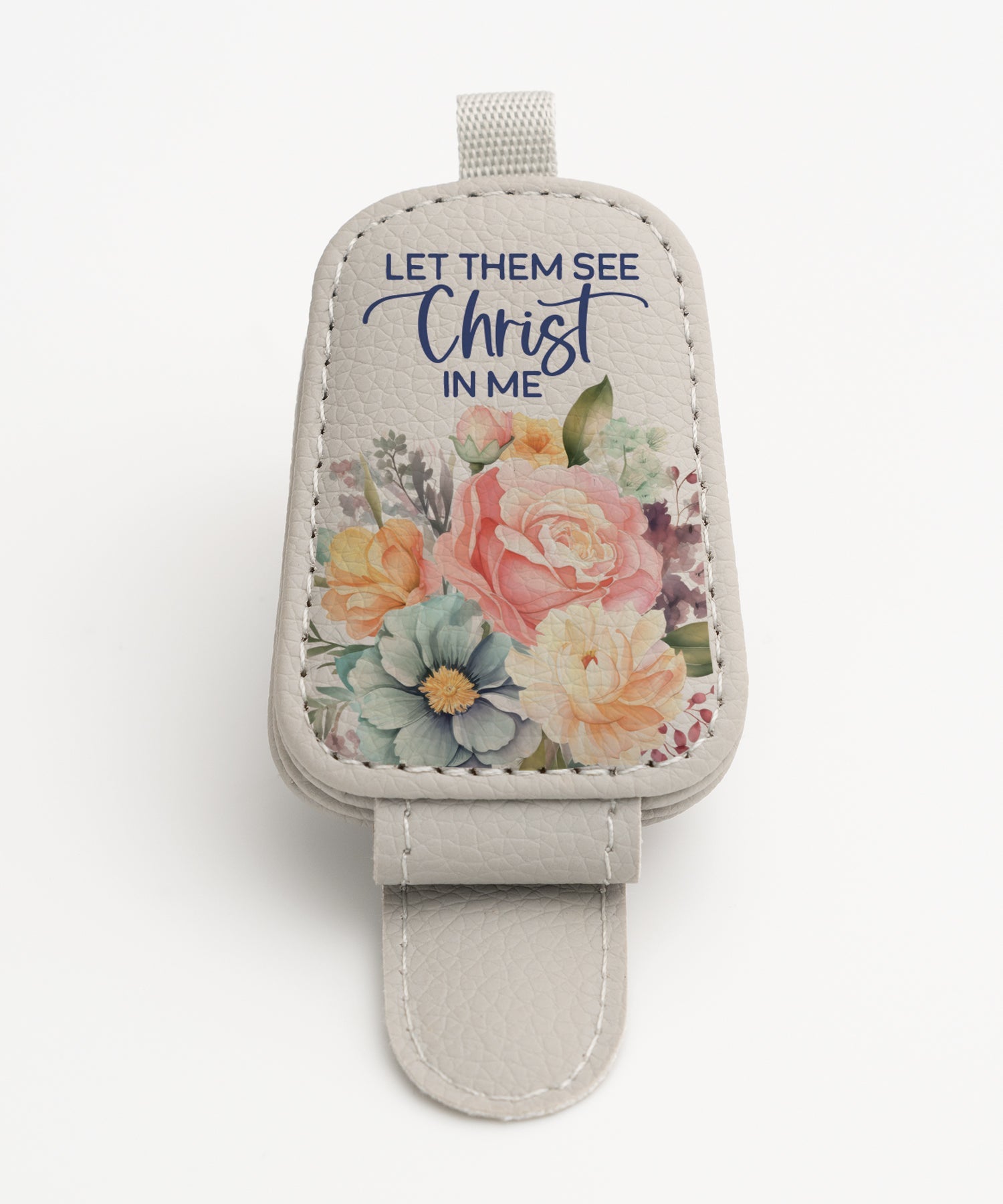Let Them See Christ in Me floral leatherette sunglasses visor clip with magnetic closure