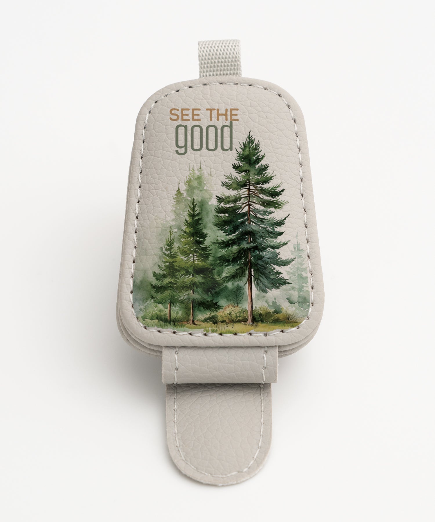 See the Good tree artwork leatherette sunglasses visor clip with magnetic closure