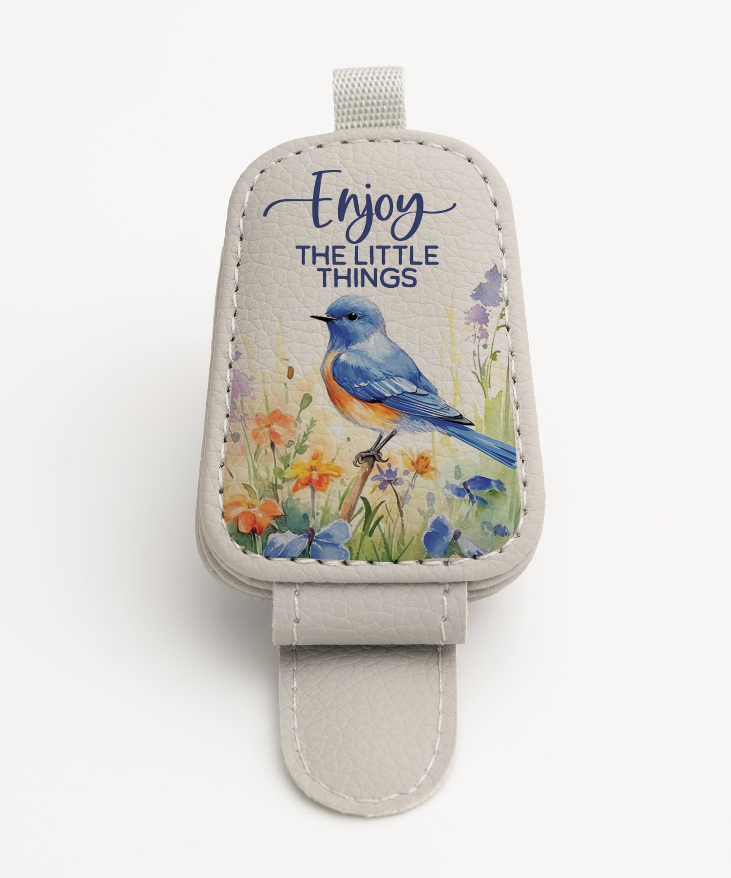 Enjoy the Little Things bluebird leatherette sunglasses visor clip with magnetic closure