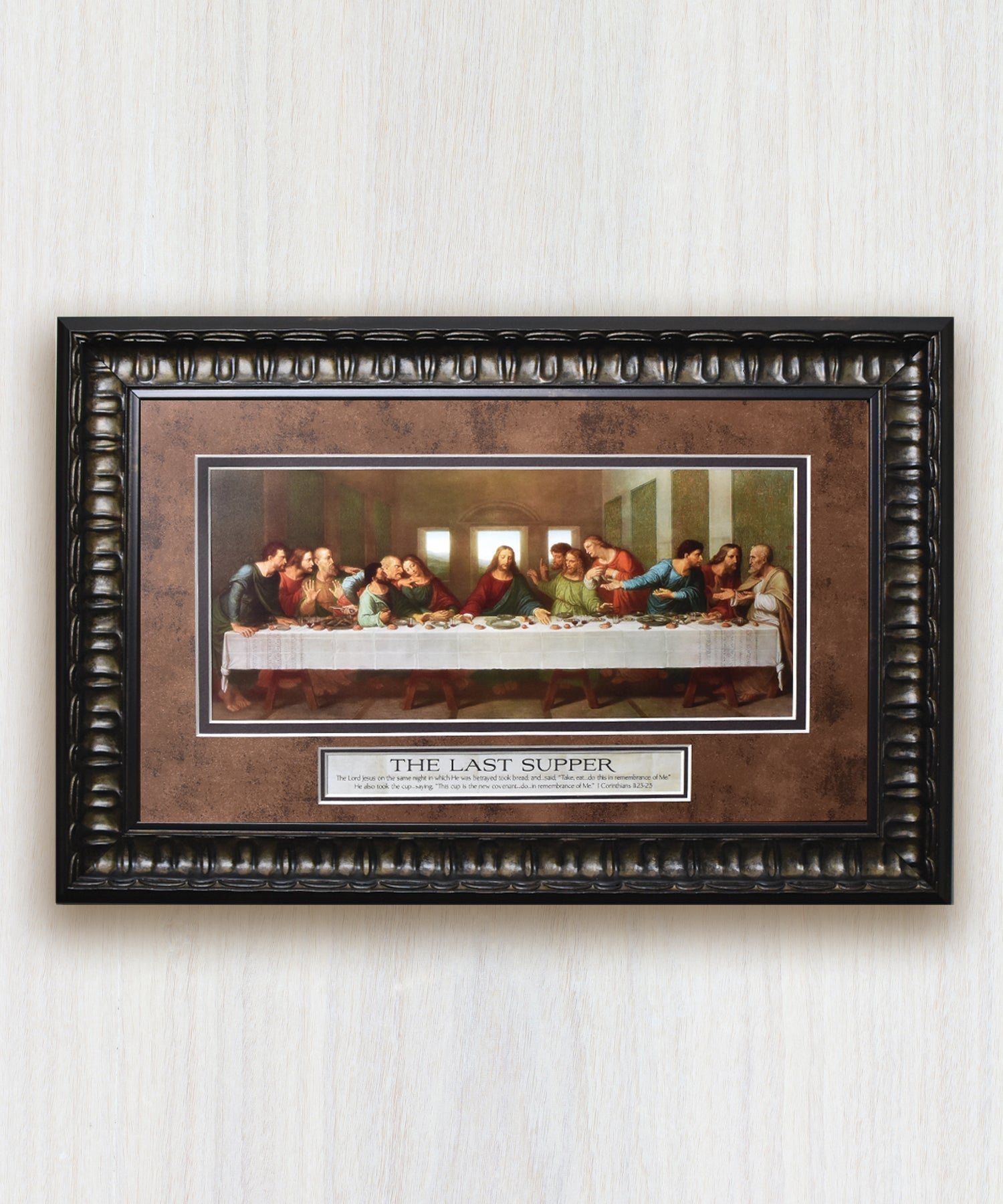The Last Supper framed art with double matting, ornate frame, and Christian scripture verse wall decor