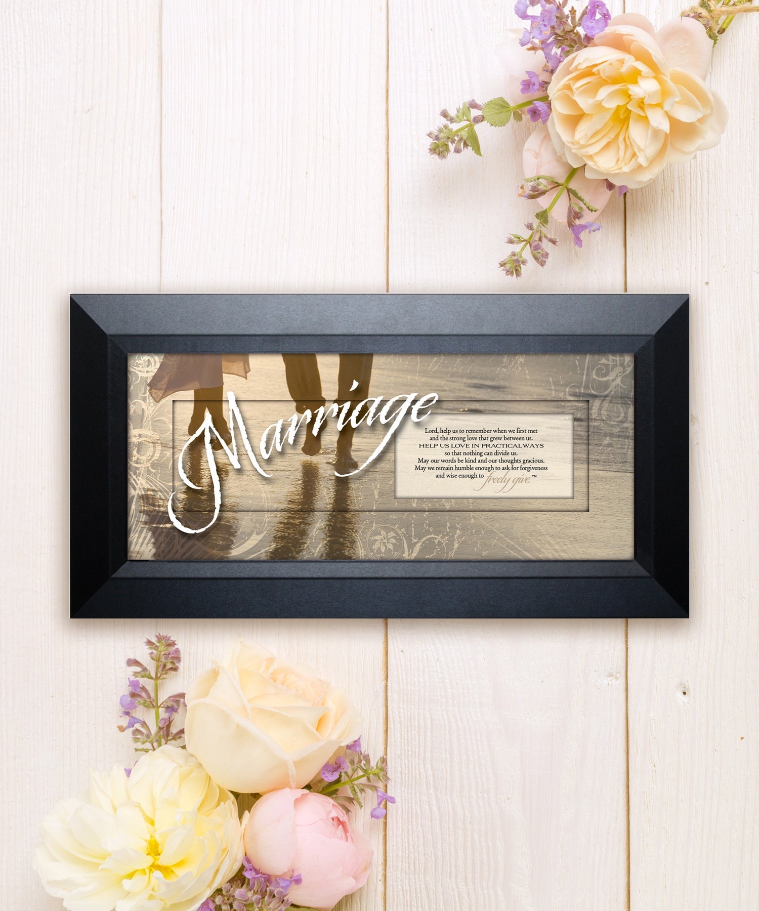 Marriage Framed Art with the inspirational quote displayed prominently. The design includes elegant typography on a textured background, framed in a classic wood frame with a sophisticated finish.