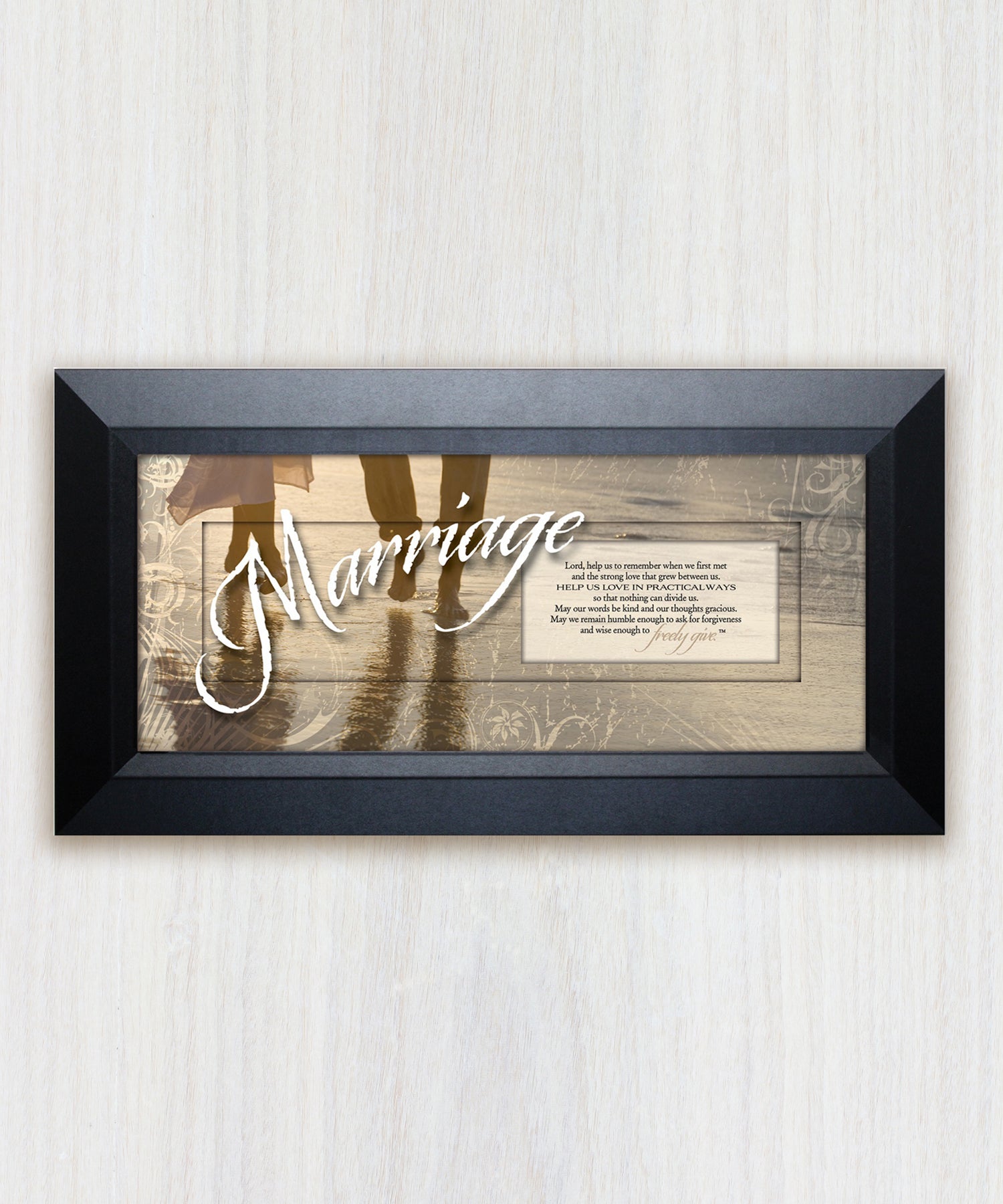 Marriage 16x8 framed art with silk-screened title on glass, scripture message, and warm espresso wood-style frame