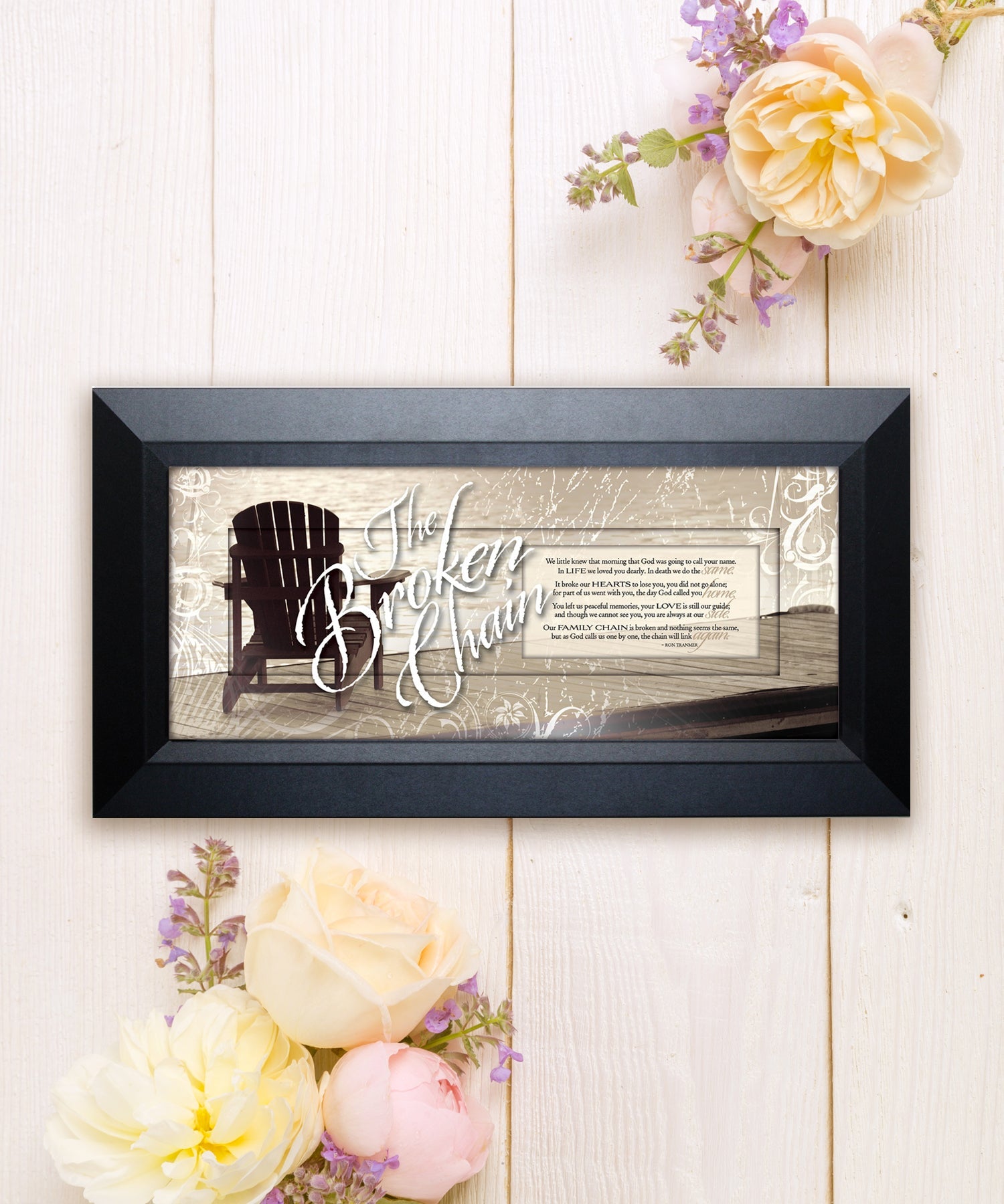The Broken Chain Framed Art with the inspirational quote is displayed prominently. The design includes elegant typography on a textured background, framed in a classic wood frame with a sophisticated finish.