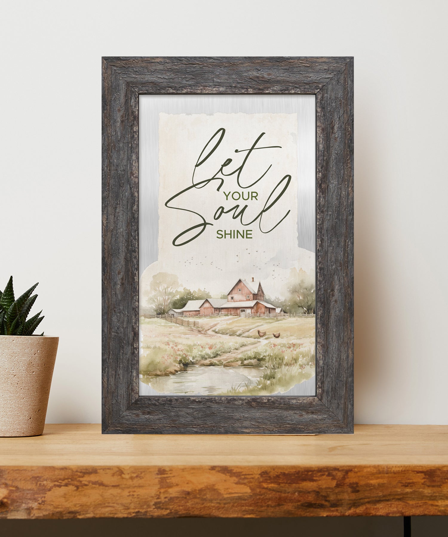 Let Your Soul Shine Metal Framed Art with Inspirational Message in Weathered Gray Barnwood Frame