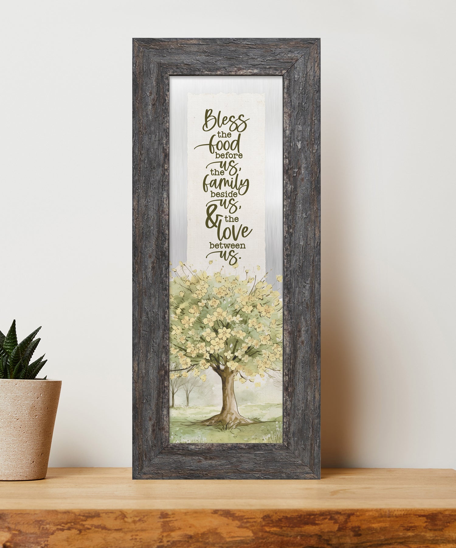 Bless the Food Metal Framed Art with Inspirational Message in Weathered Gray Barnwood Frame