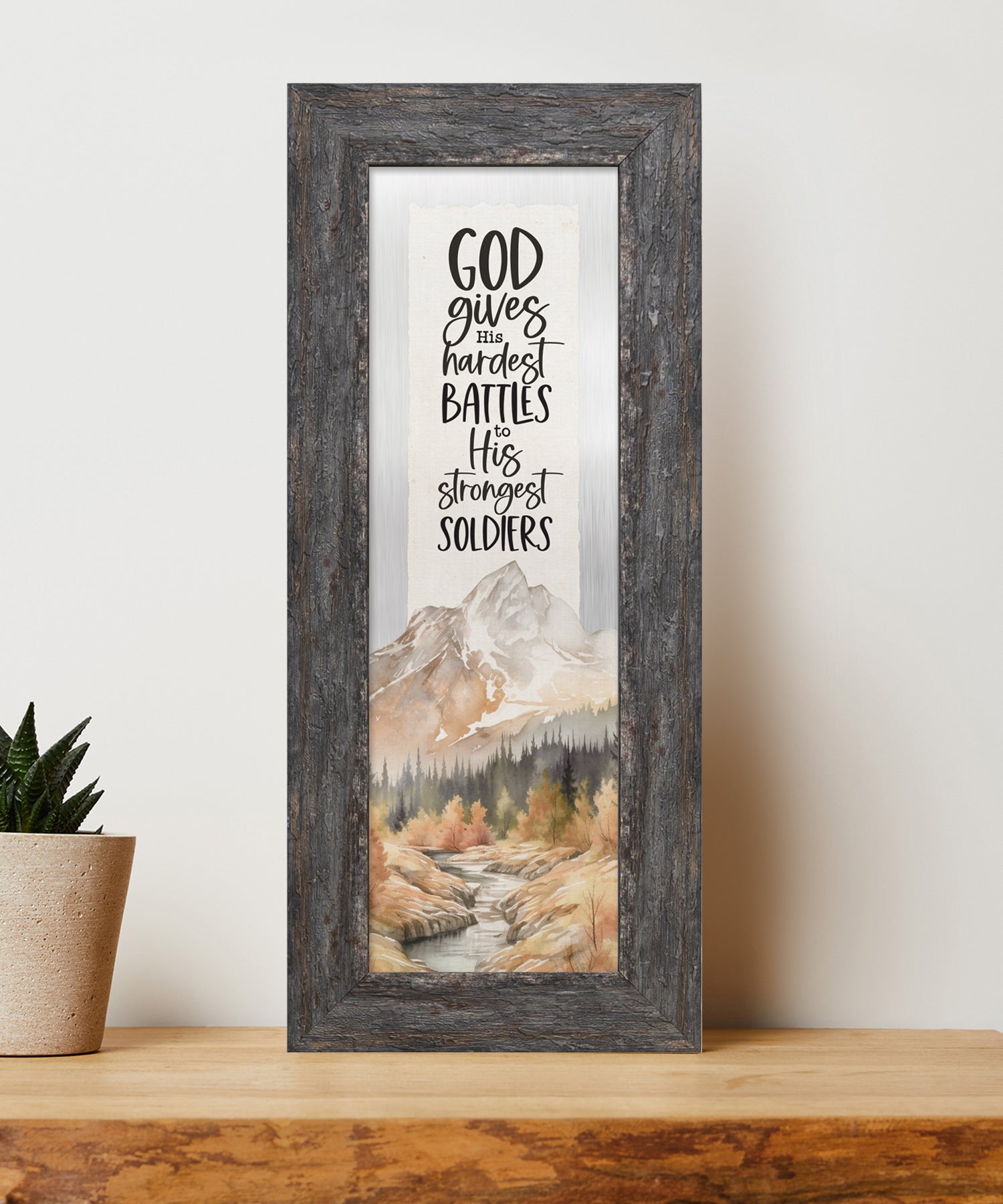 God Gives His Hardest Metal Framed Art with Inspirational Message in Weathered Gray Barnwood Frame