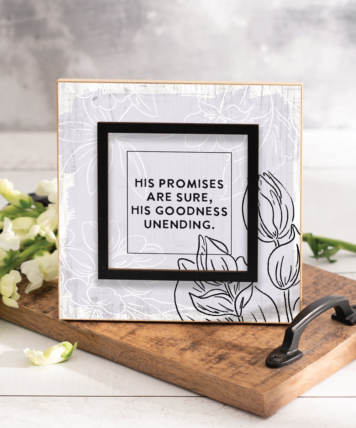 His Promises Are Sure 6x6 Layered Grace Plaque with laser-cut black accent, neutral modern artwork, and inspirational Christian message