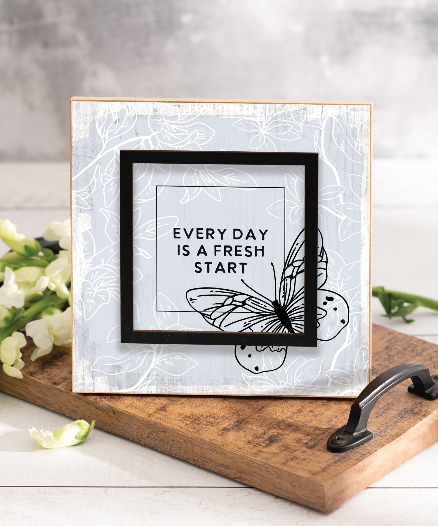 Every Day Is a Fresh Start 6x6 Layered Grace Plaque with laser-cut black accent, modern neutral artwork, and inspirational message