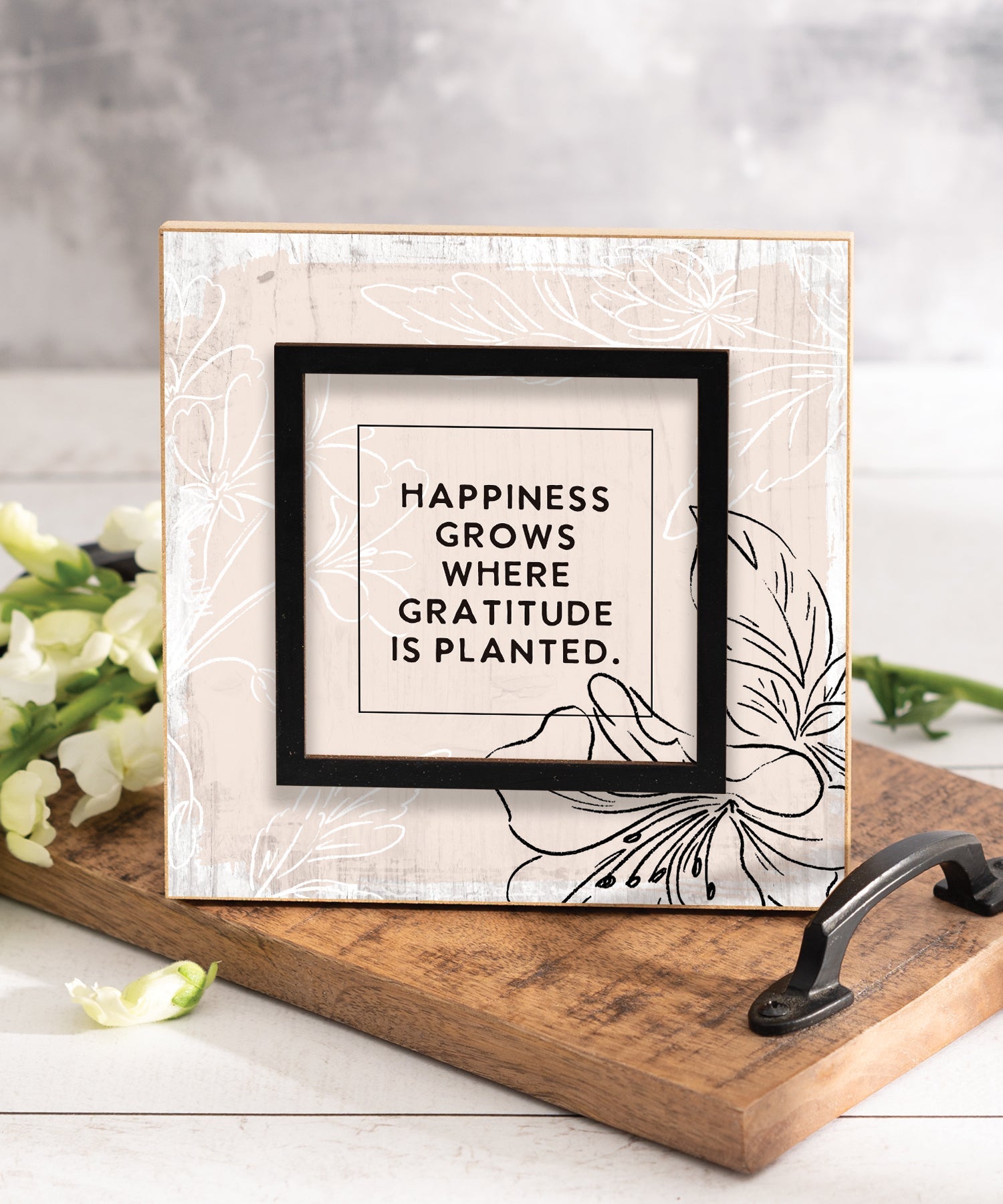 Happiness Grows 6x6 Layered Grace Plaque with laser-cut black accent, modern neutral artwork, and inspirational gratitude message