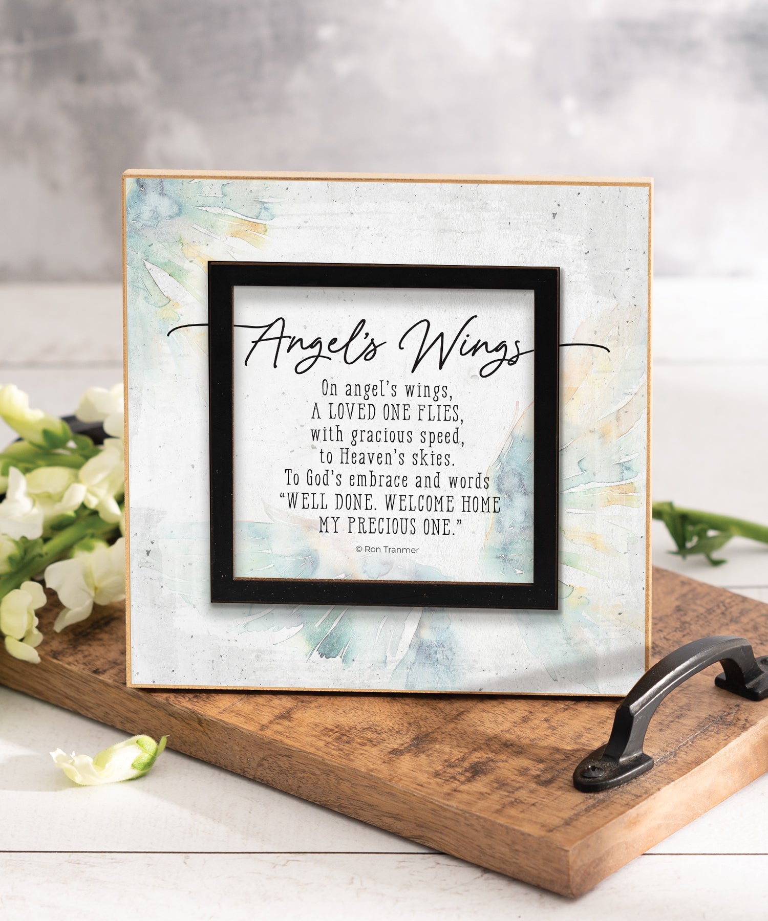 Angel’s Wings 6x6 MDF Plaque with a laser-cut black square accent, full-color farmhouse-style design, neutral tones, and an uplifting verse.