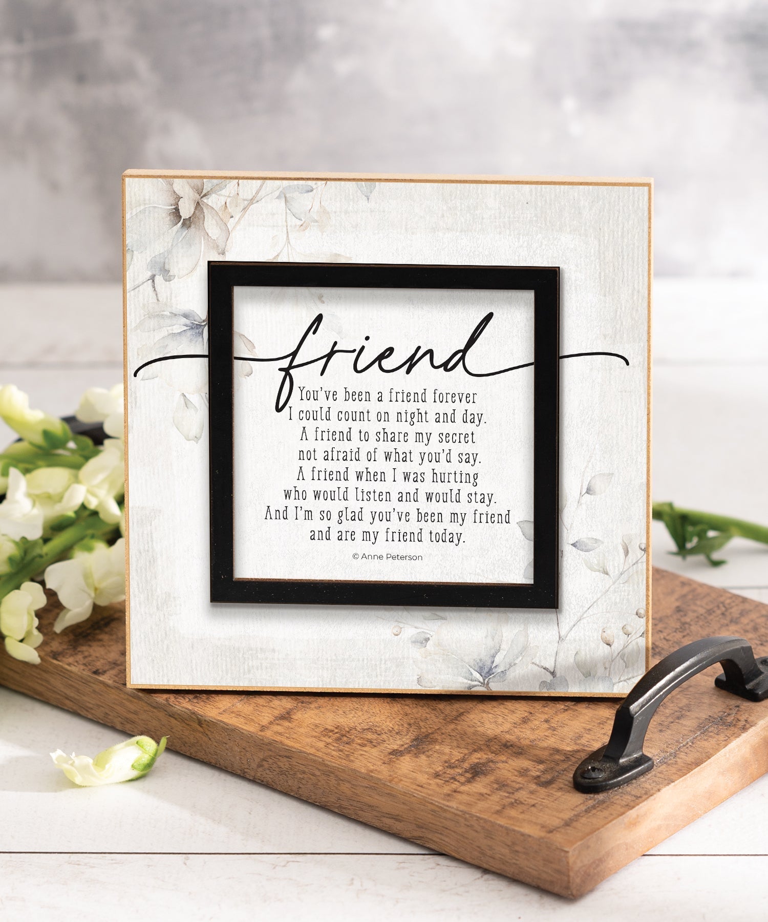 Friend Forever 6x6 MDF Plaque with a laser-cut black square accent, full-color farmhouse-style design, neutral tones, and an uplifting verse.
