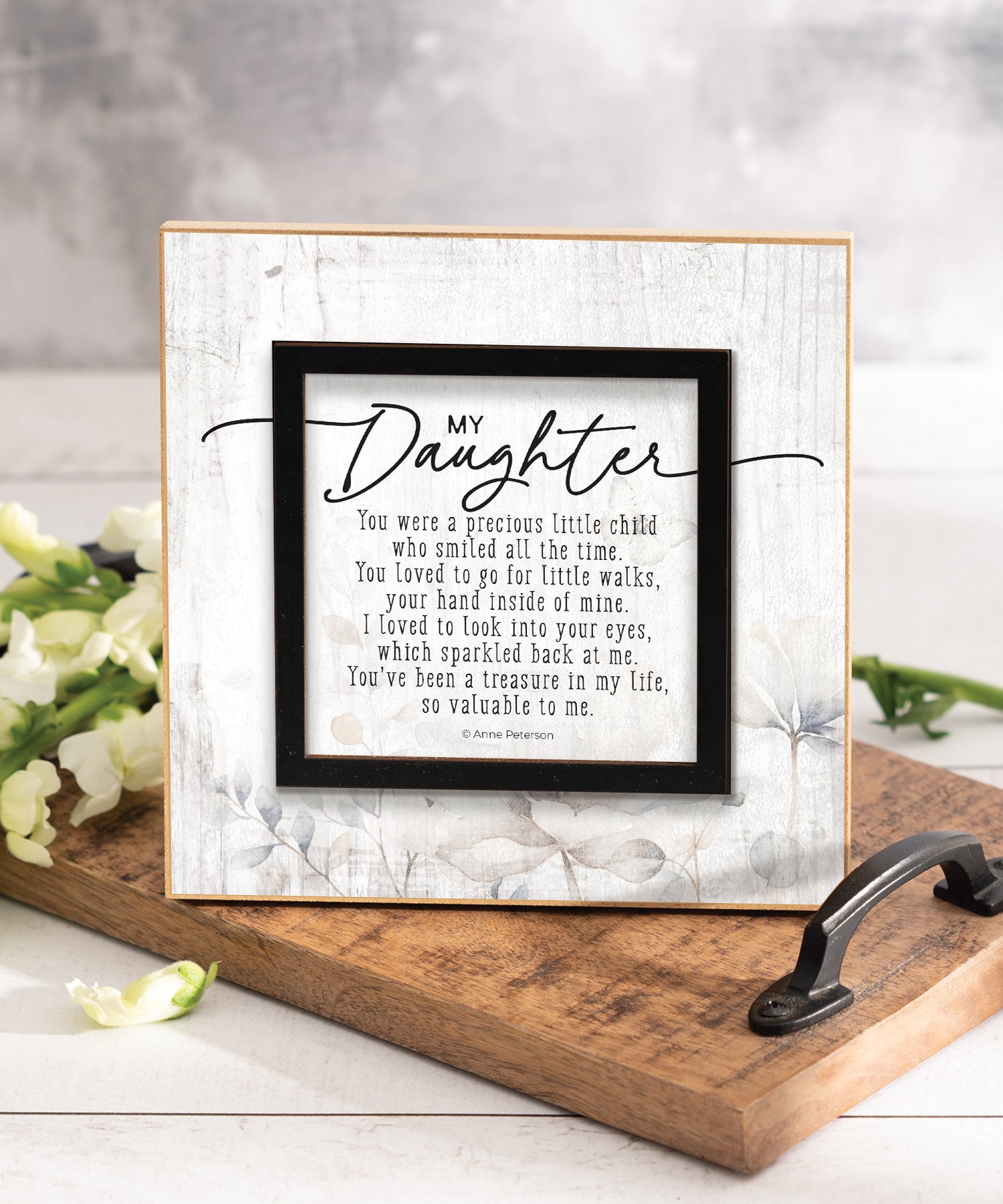My Daughter 6x6 MDF Plaque with a laser-cut black square accent, full-color farmhouse-style design, neutral tones, and an uplifting verse.