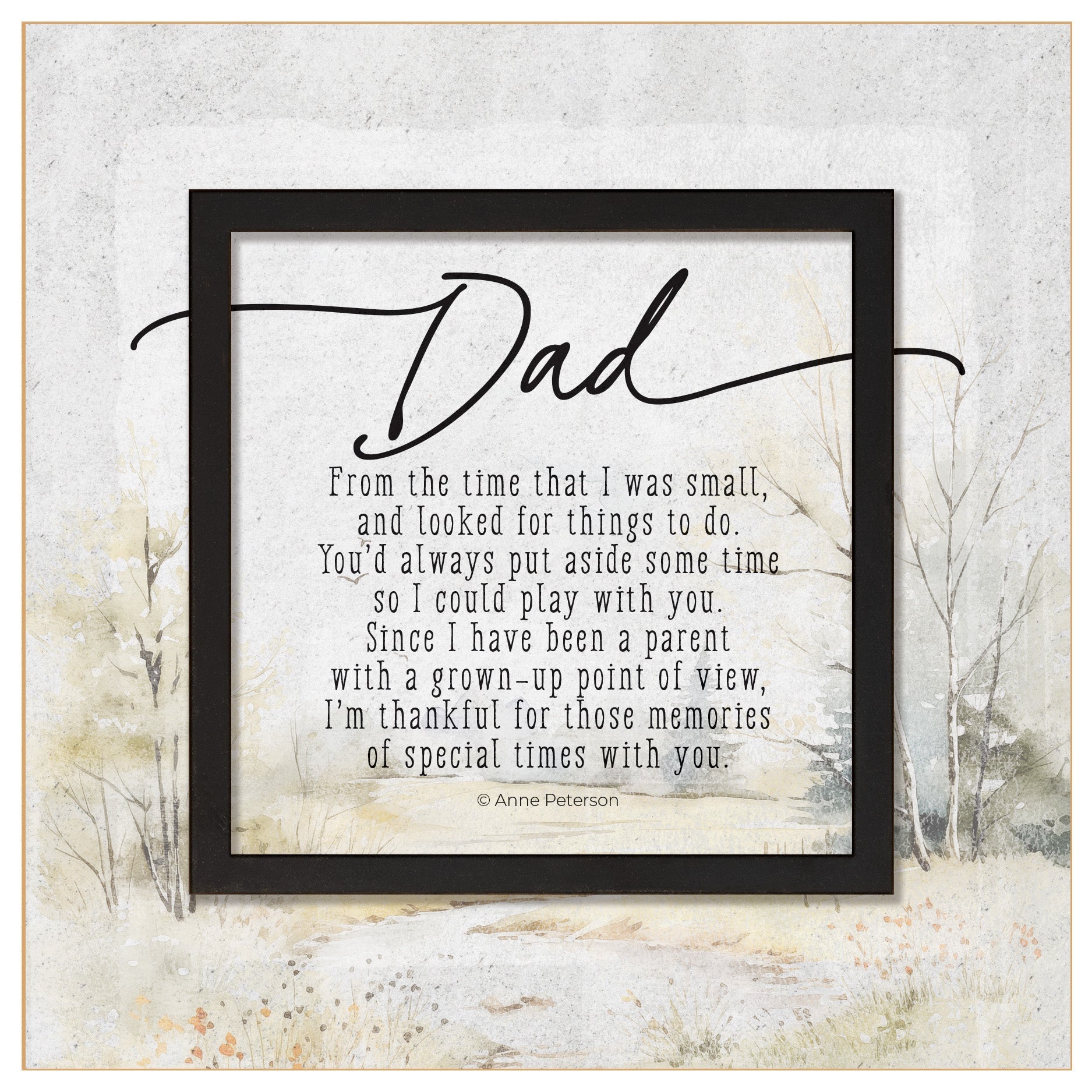 Dad 6x6 MDF Plaque with a laser-cut black square accent, full-color farmhouse-style design, neutral tones, and an uplifting verse.