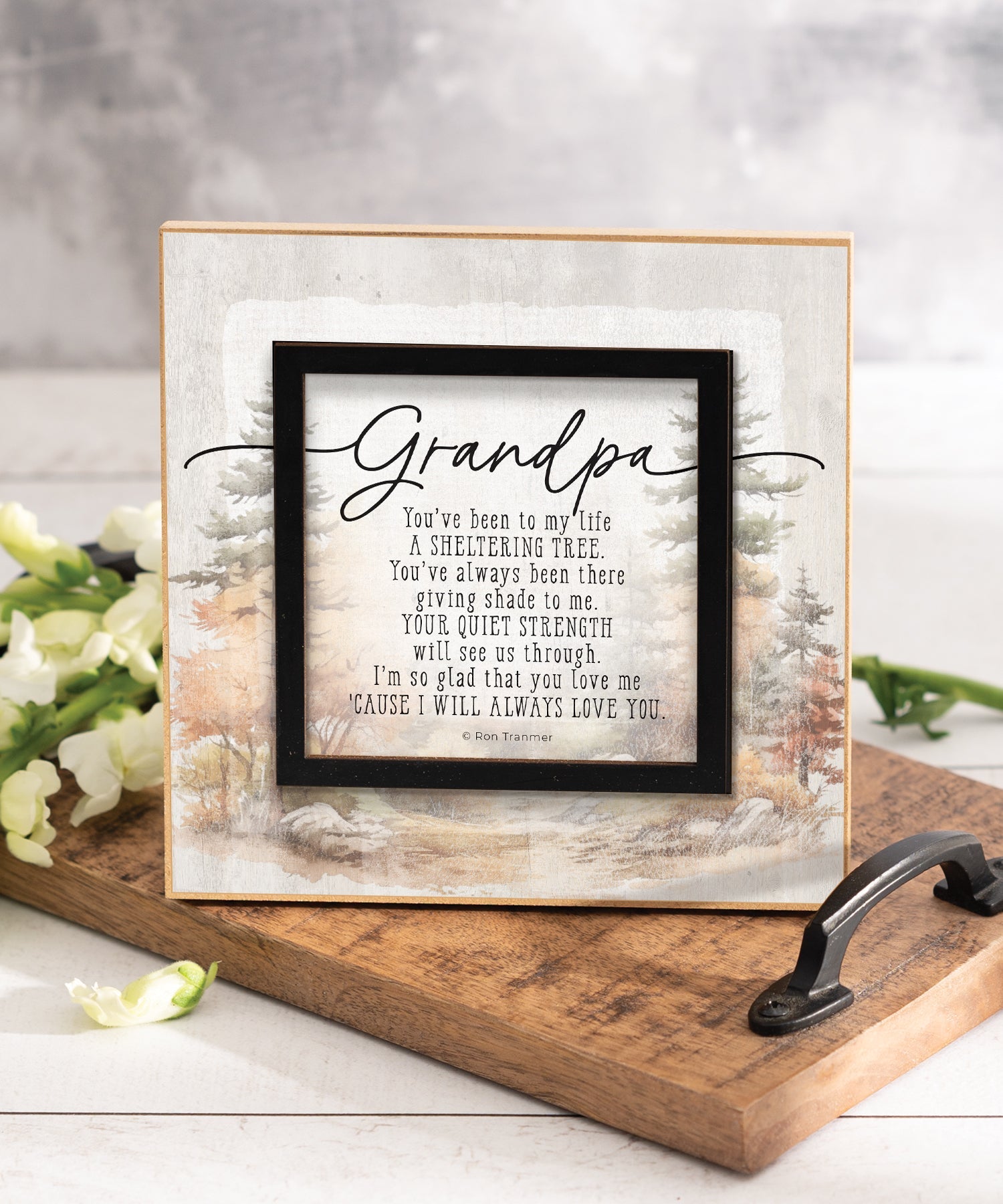 Grandpa 6x6 MDF Plaque with a laser-cut black square accent, full-color farmhouse-style design, neutral tones, and an uplifting verse.