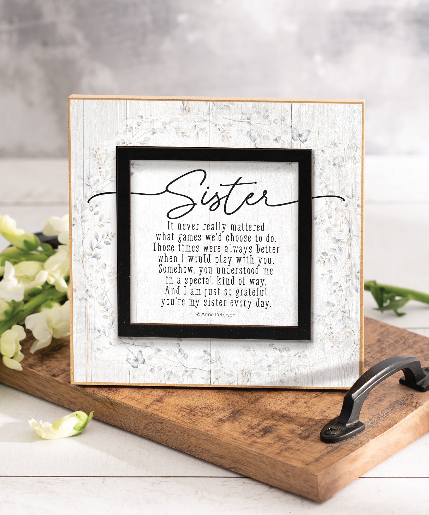 Sister 6x6 MDF Plaque with a laser-cut black square accent, full-color farmhouse-style design, neutral tones, and an uplifting verse.