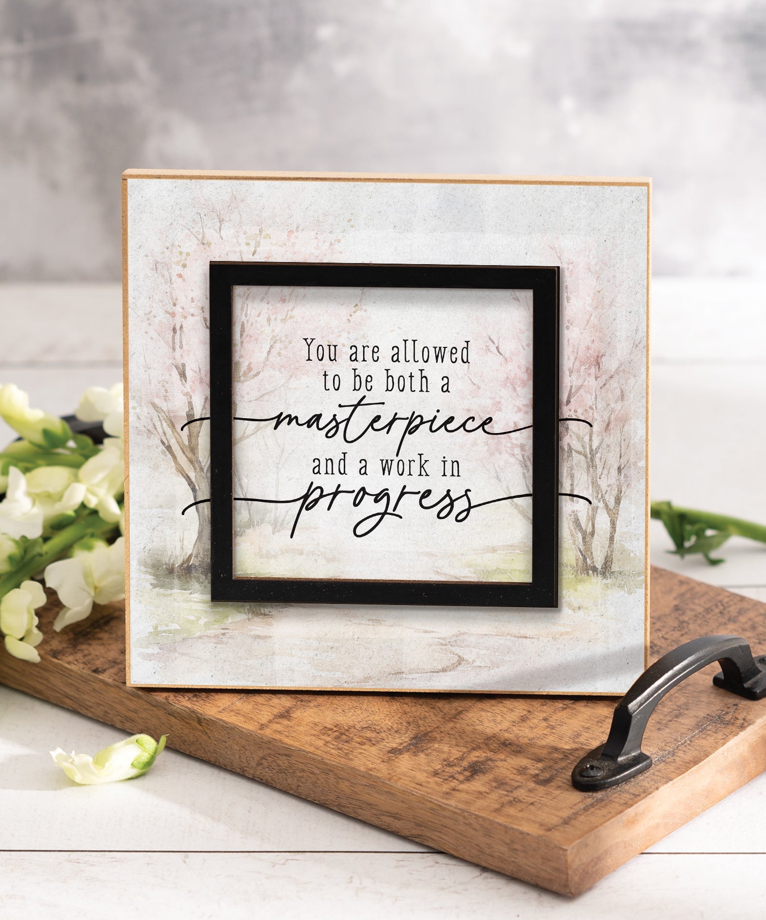 You Are a Masterpiece 6x6 MDF Plaque with a laser-cut black square accent, full-color farmhouse-style design, neutral tones, and an uplifting verse.