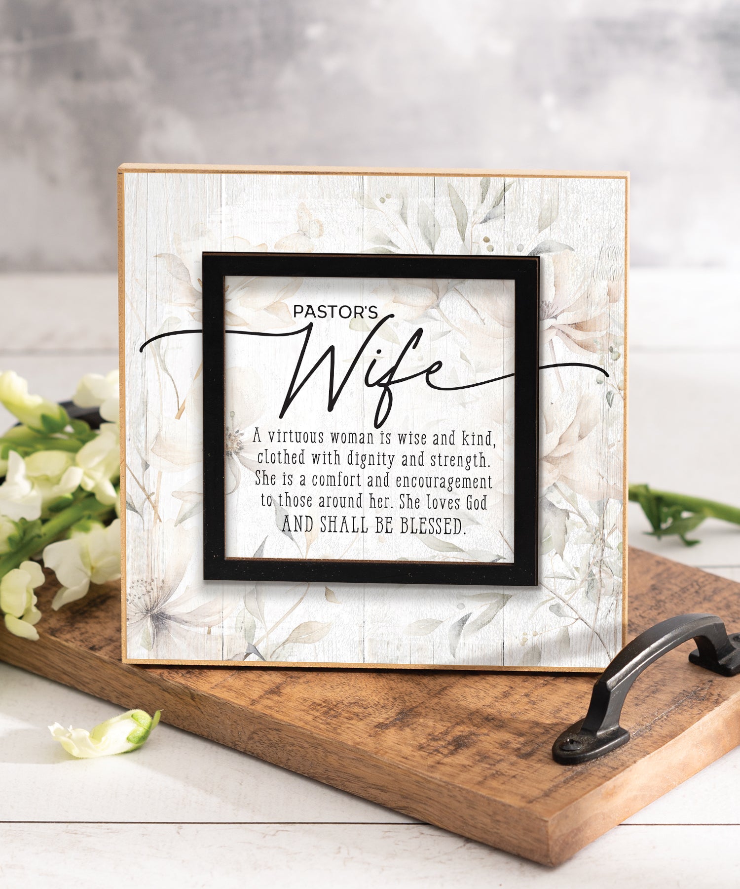 Pastor’s Wife 6x6 MDF Plaque with a laser-cut black square accent, full-color farmhouse-style design, neutral tones, and an uplifting verse.