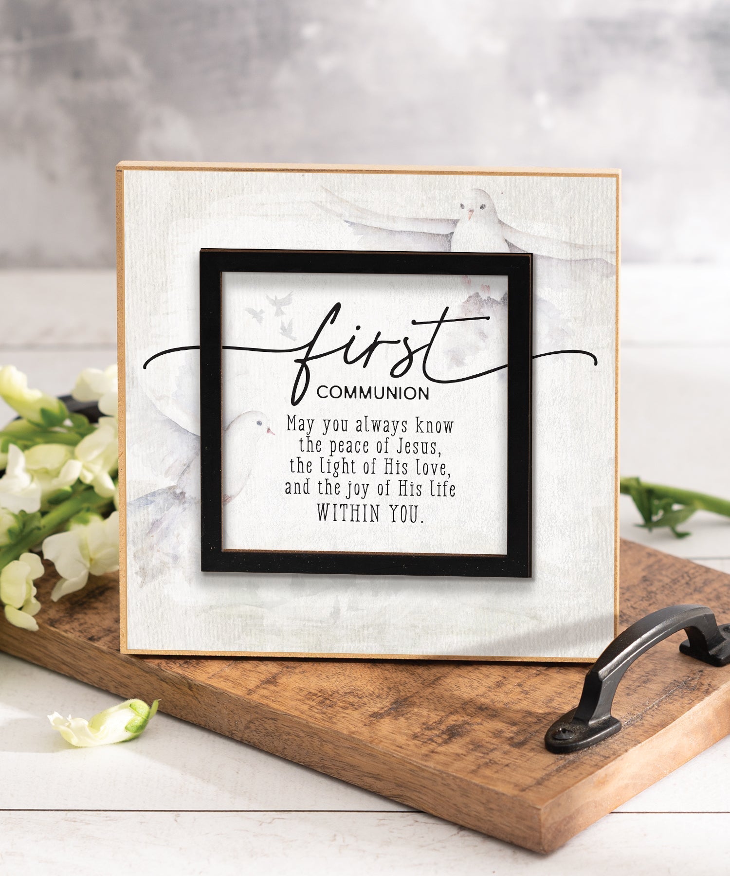 First Communion 6x6 MDF Plaque with a laser-cut black square accent, full-color farmhouse-style design, neutral tones, and an uplifting verse.