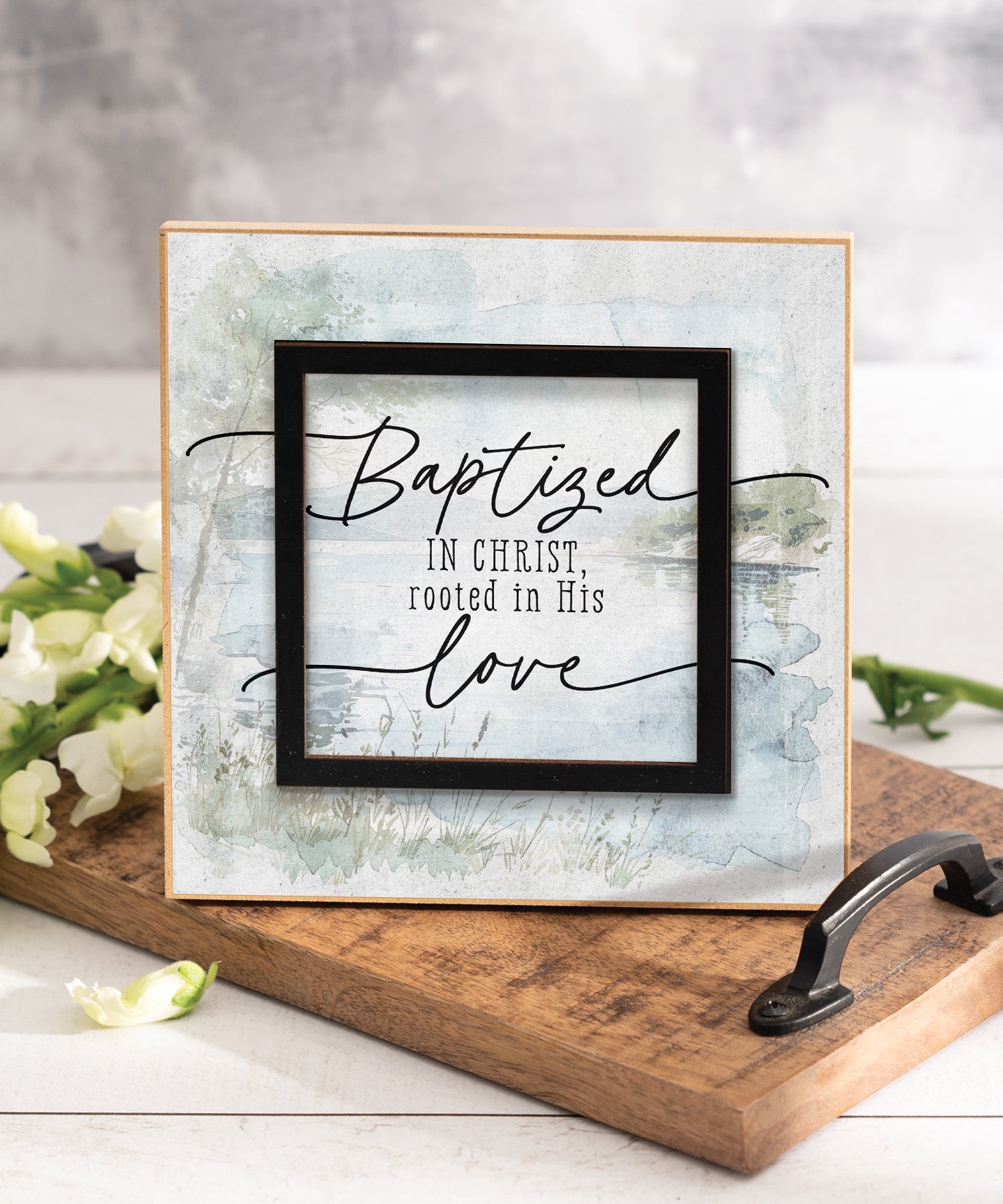 Baptized in Christ 6x6 MDF Plaque with a laser-cut black square accent, full-color farmhouse-style design, neutral tones, and an uplifting verse.