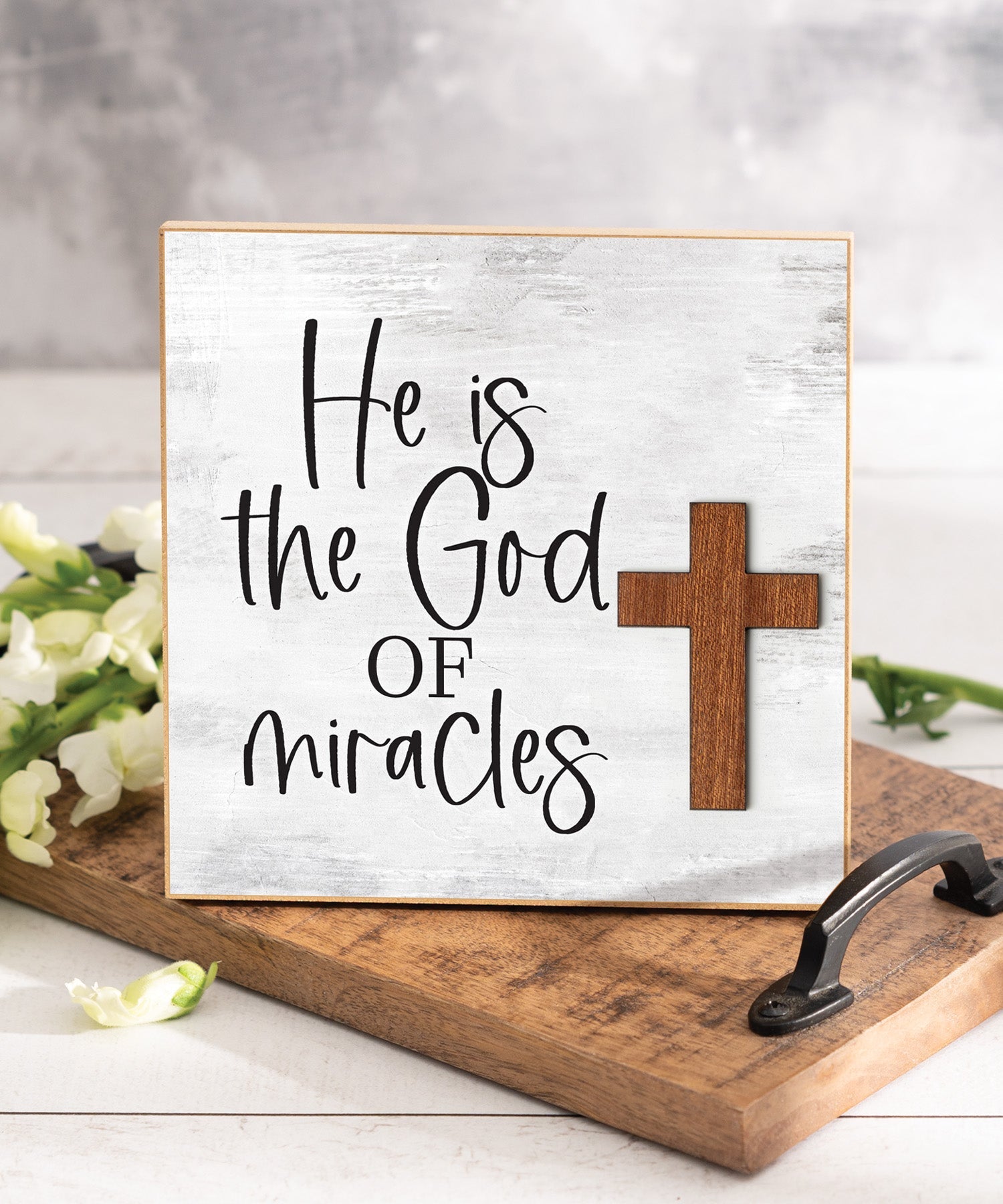 He Is the God of Miracles 6x6 MDF Plaque with a laser-cut cross accent, full-color farmhouse-style design, neutral tones, and an uplifting verse.