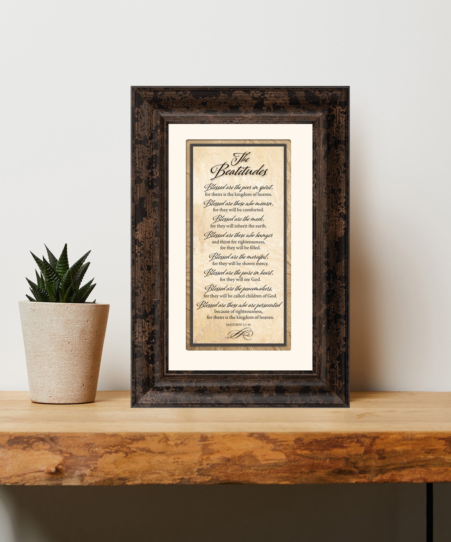 The Beatitudes 8.5x12.5 framed art with Matthew 5 scripture verse, double matting, and warm espresso wood-style frame