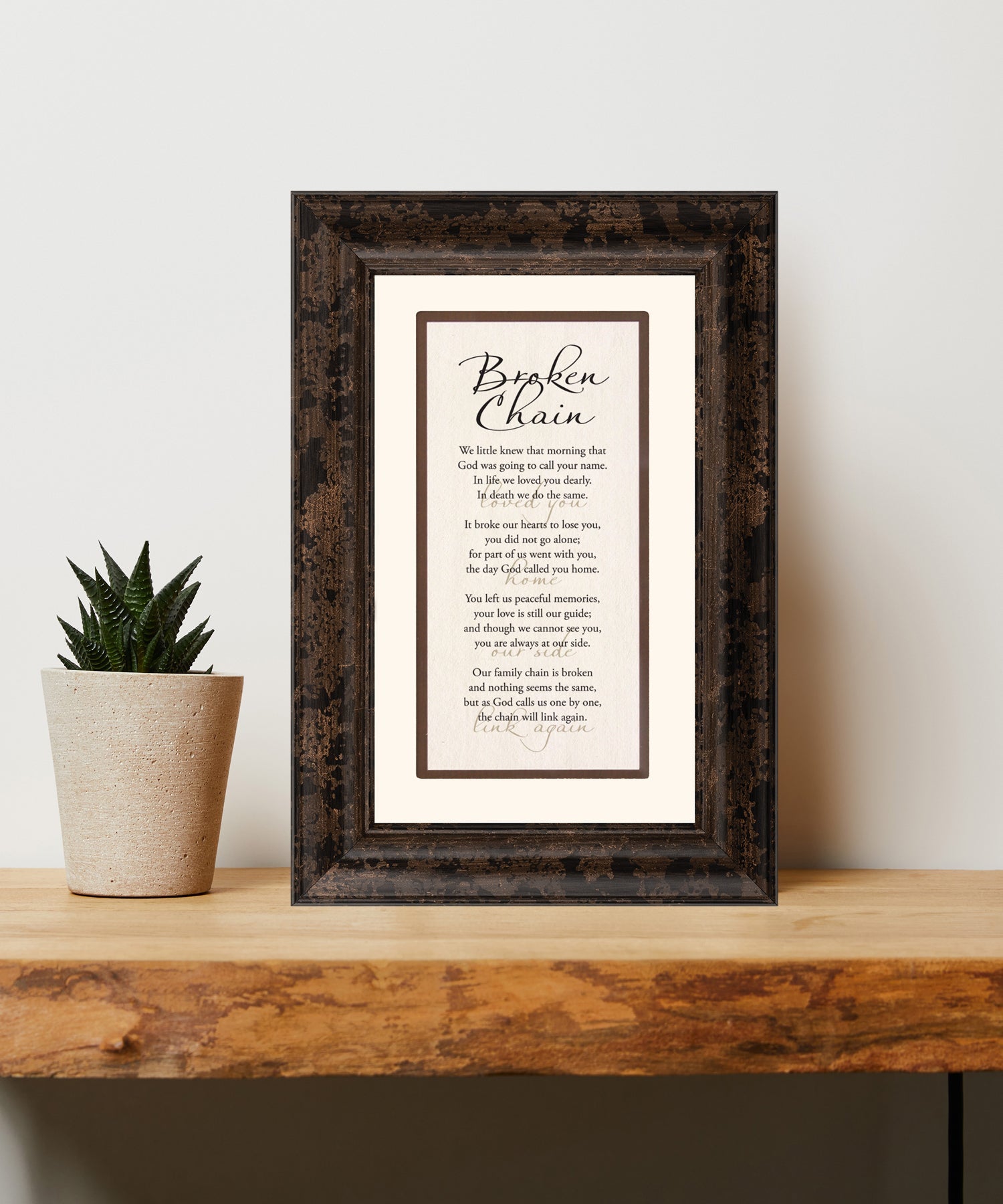 Broken Chain 8.5x12.5 framed art with memorial poem, double matting, and warm espresso wood-style frame