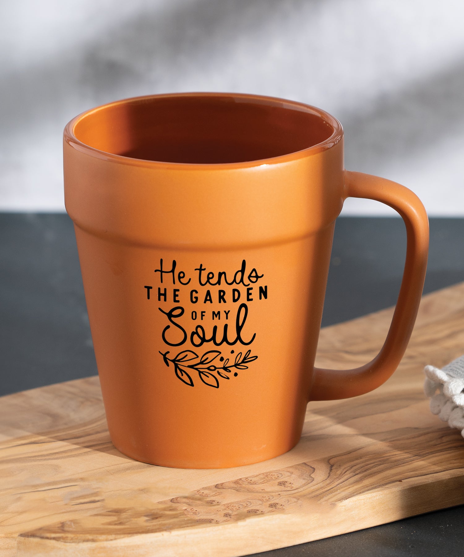 He tends the garden of my soul flower pot ceramic mug with planter-inspired shape and faith message, 14 oz