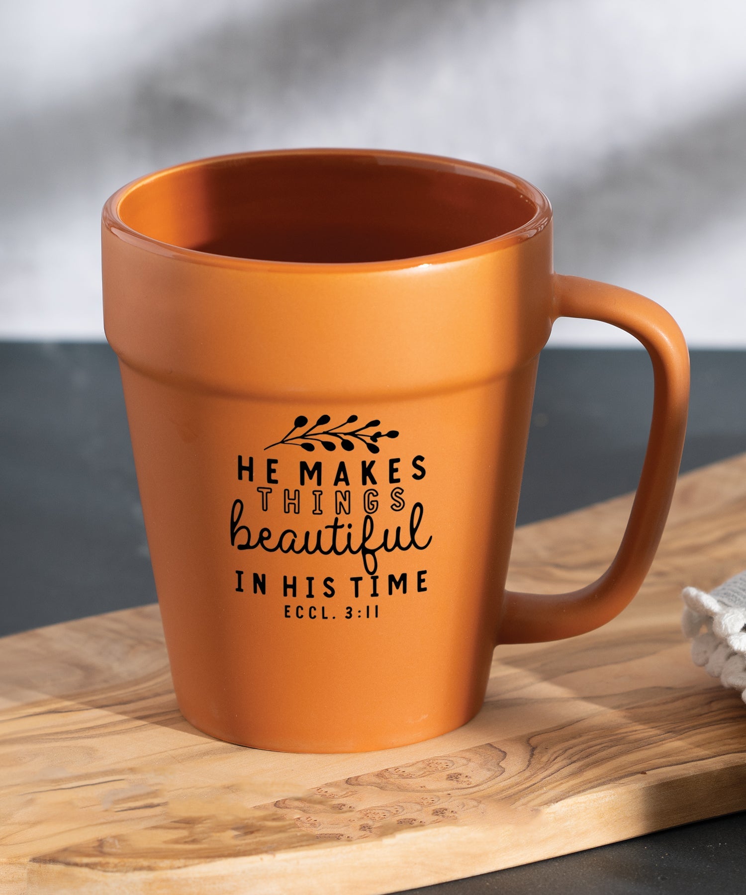 He makes all things beautiful flower pot ceramic mug with planter-inspired shape and scripture message from Ecclesiastes 3:11, 14 oz