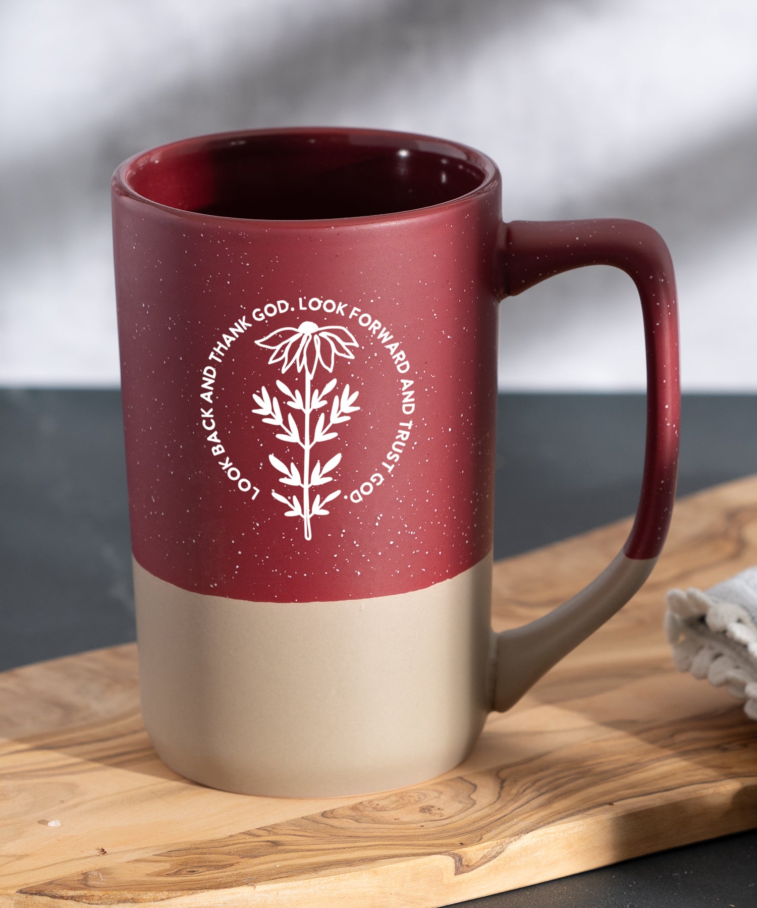 Look Back and Thank God Pebble Mug with speckled two-tone design and inspirational message