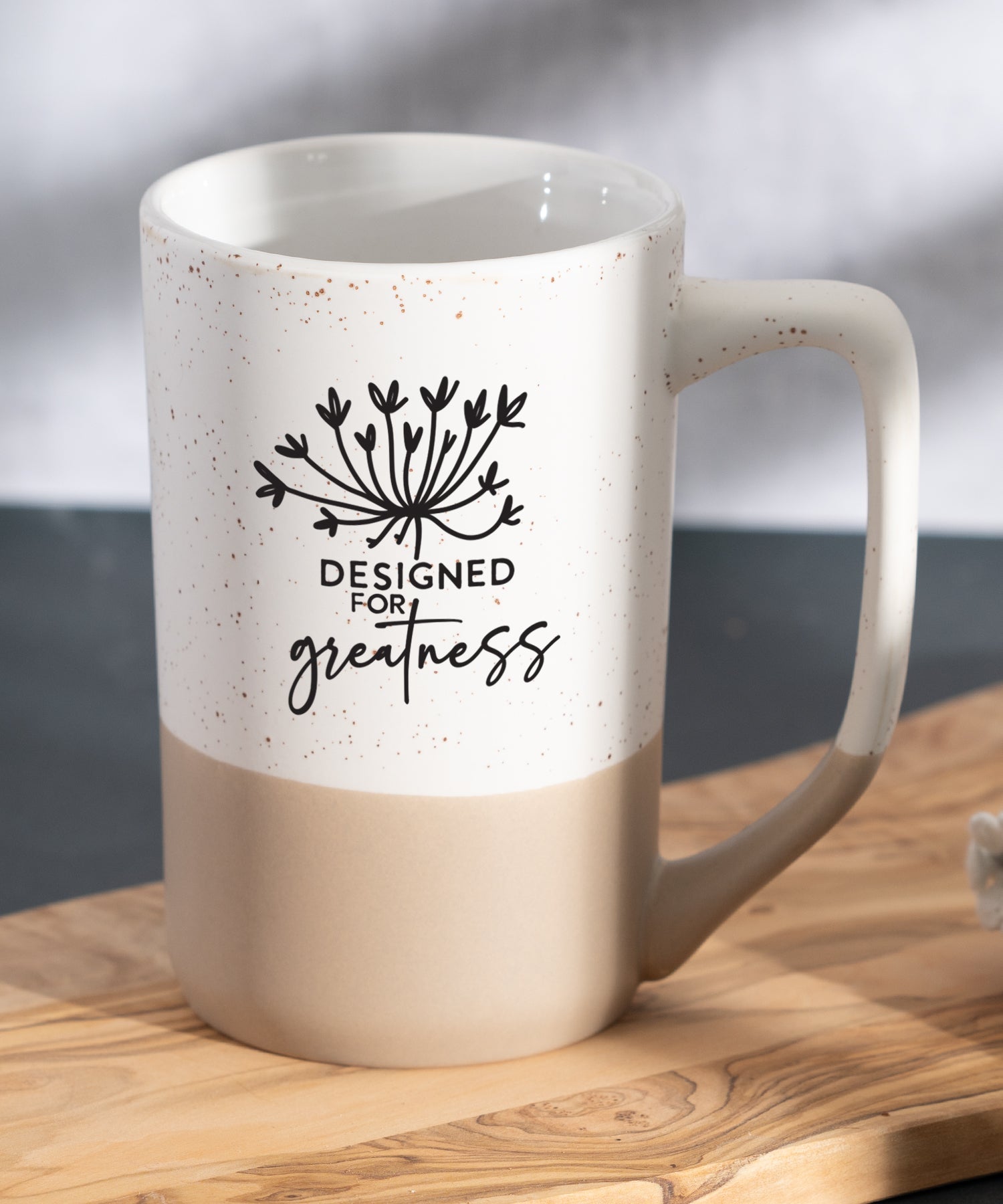 Designed for Greatness two-toned Pebble Mug with speckled rim and inspirational message