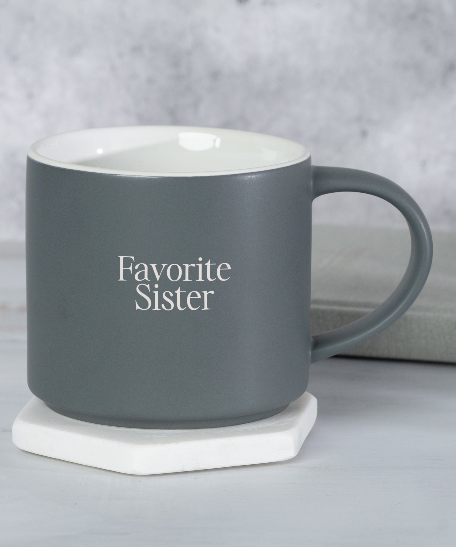 Favorite Sister inspirational Christian stacking mug with modern charcoal finish and cream interior