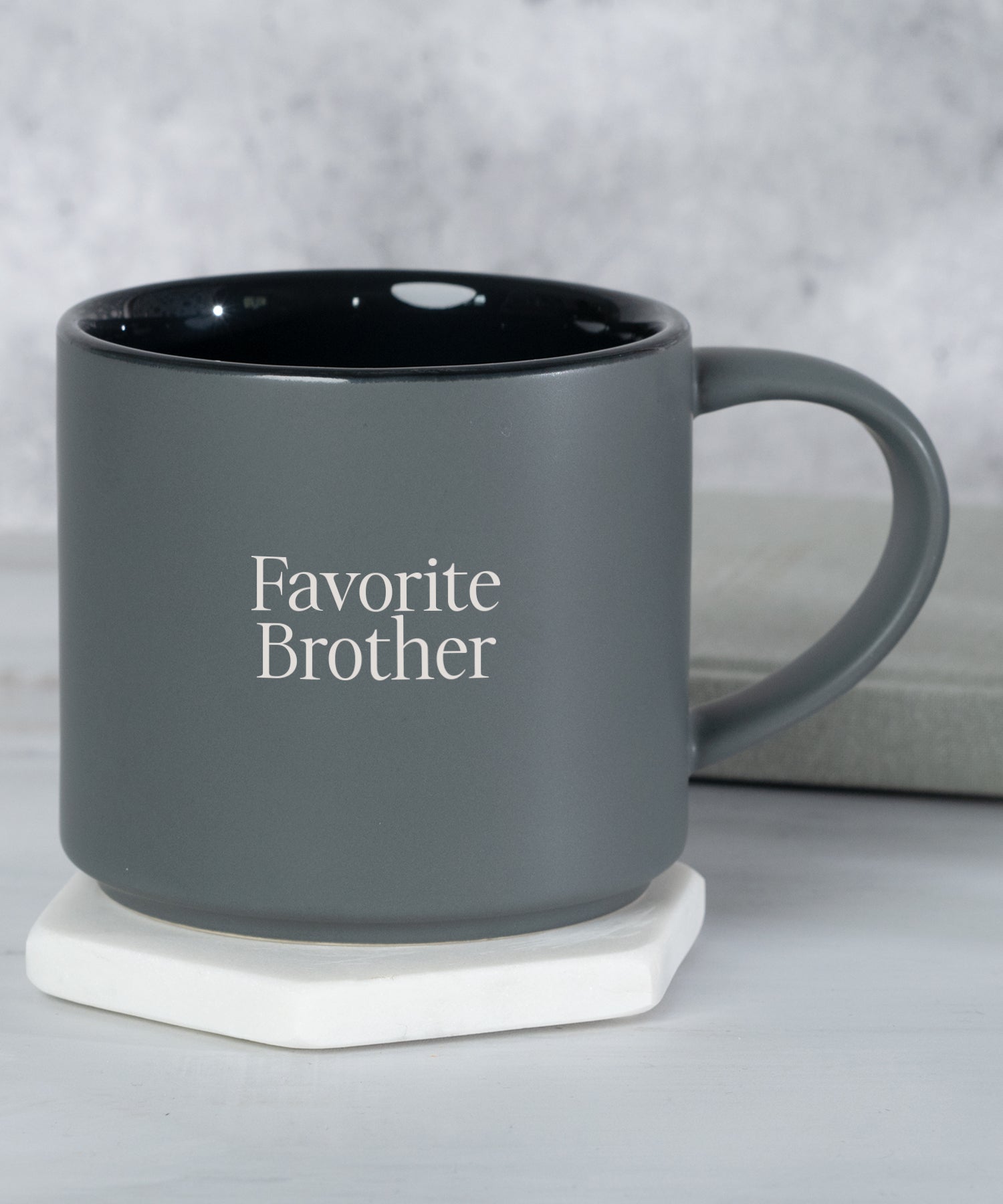 Favorite Brother inspirational Christian stacking mug with modern charcoal finish and black interior
