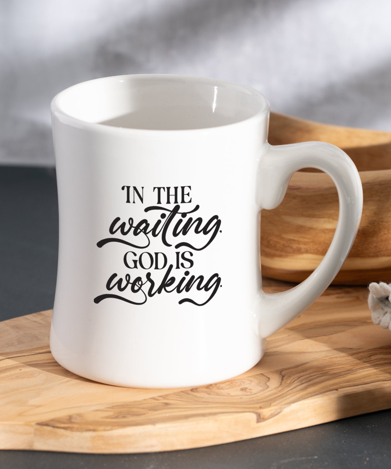 God Is Working Coffeehouse Mug with white ceramic concave shape and inspirational message printed on both sides
