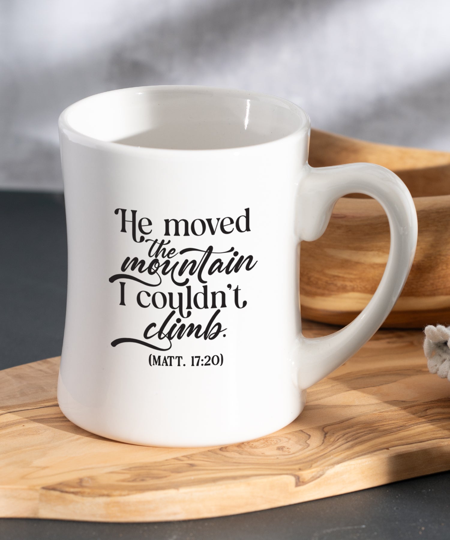 He Moved the Mountain Coffeehouse Mug with white ceramic concave shape and Matthew 17:20 scripture message
