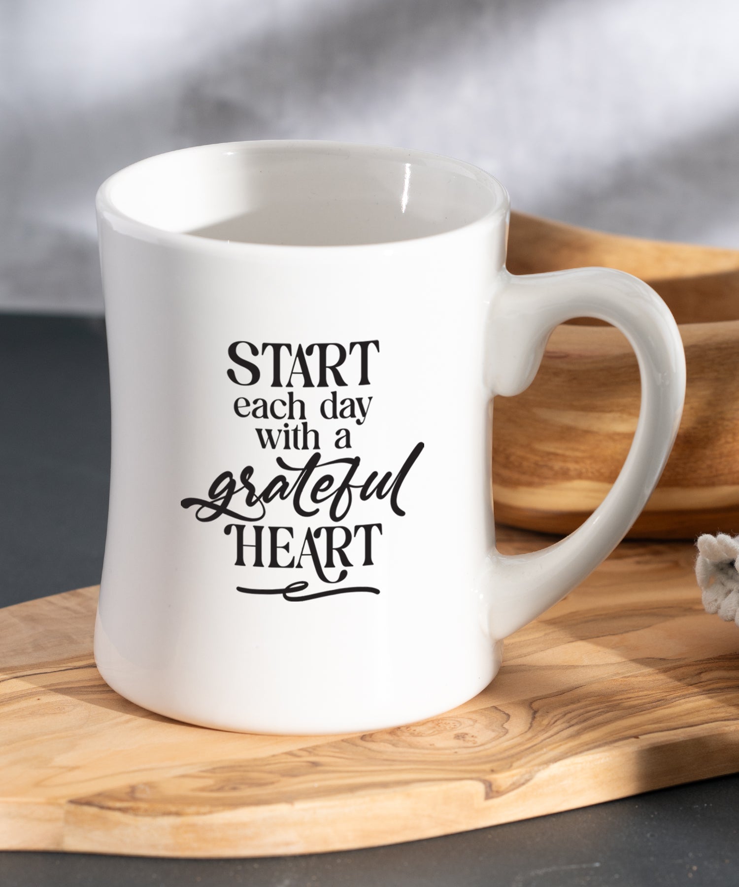 Start Each Day Coffeehouse Mug with white ceramic concave shape and inspirational gratitude message