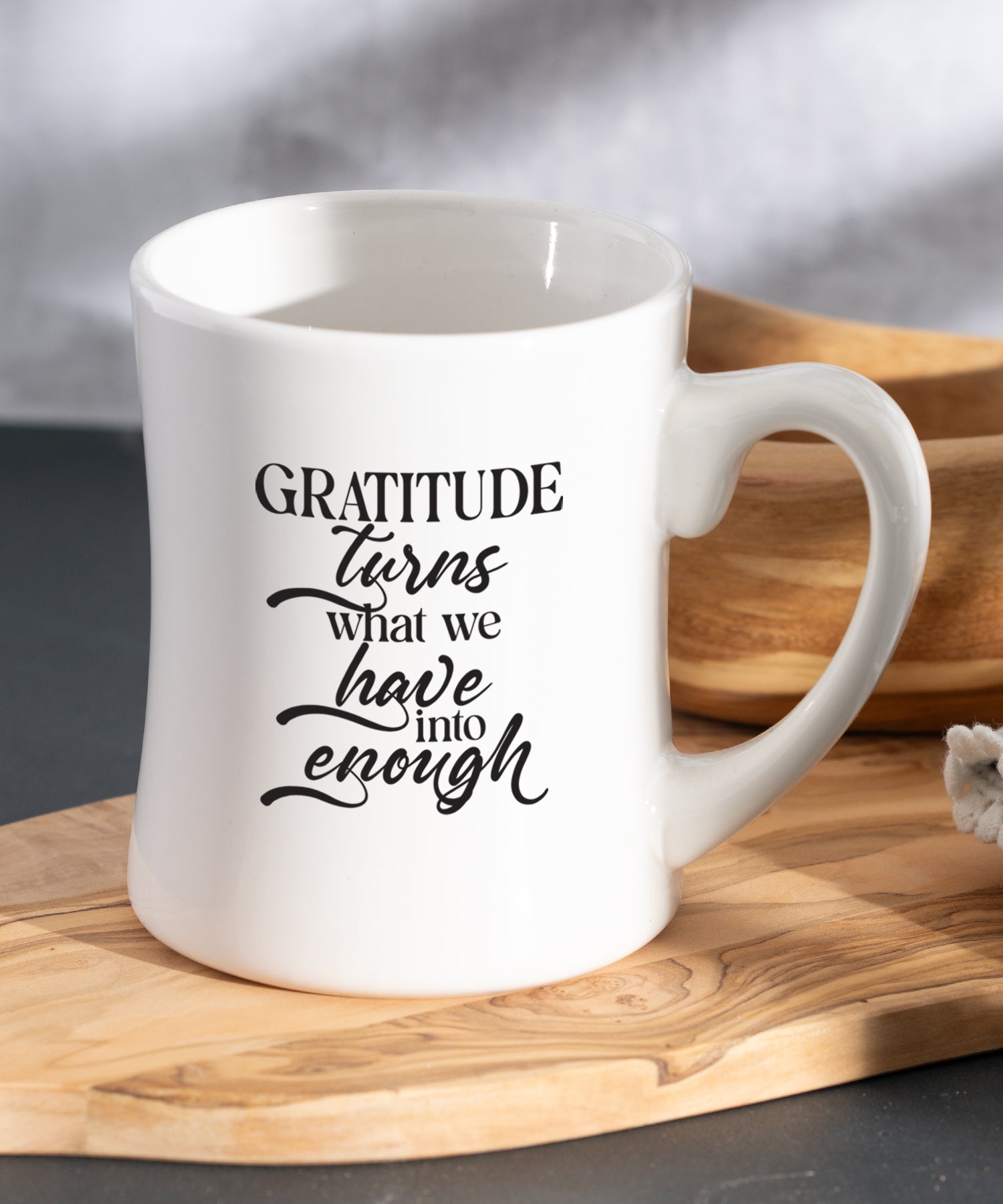 Gratitude Turns What We Have Into Enough Coffeehouse Mug with white ceramic concave shape and gratitude message
